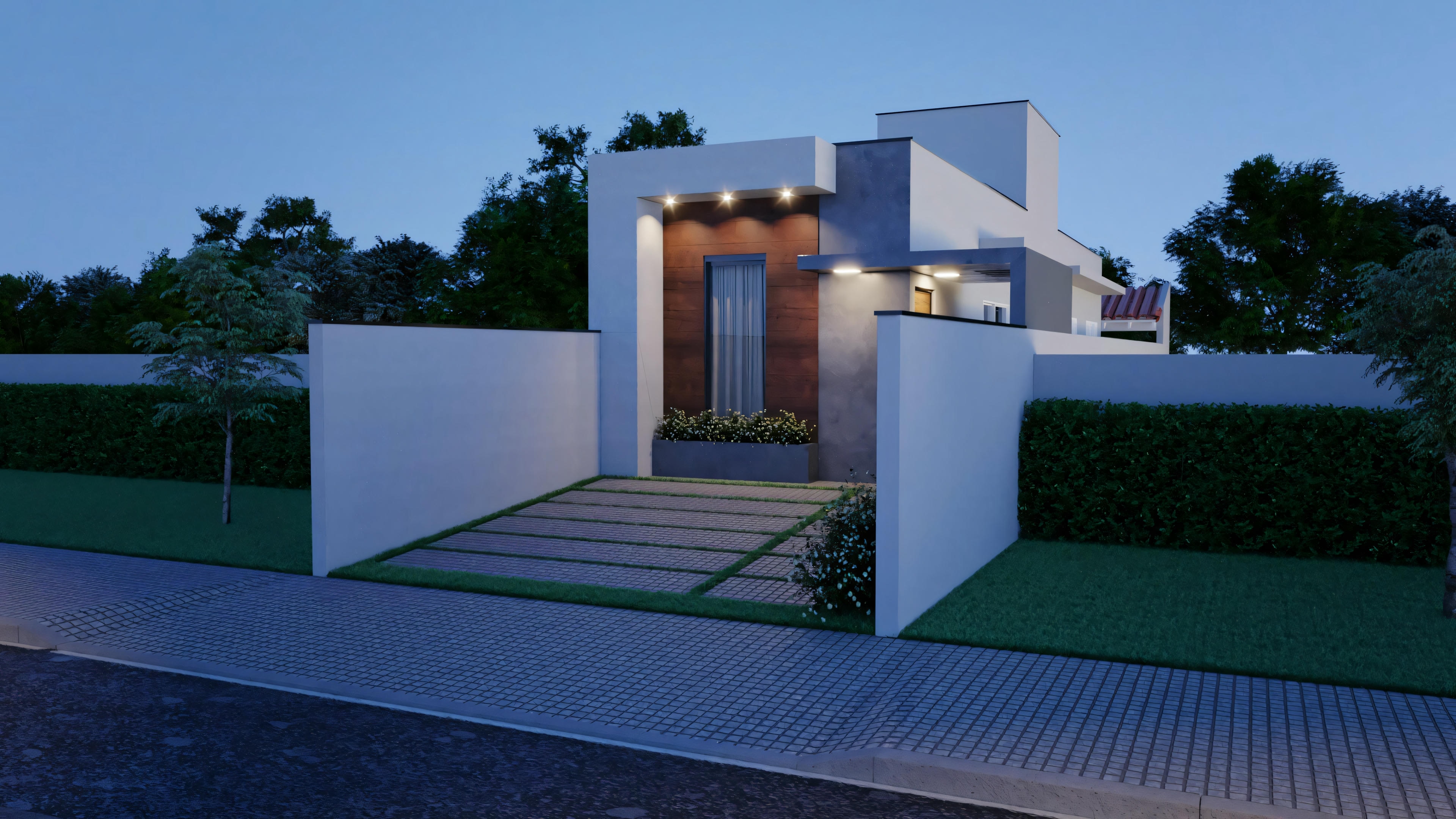 Una casa moderna por la noche con iluminación interna y externa, destacando la arquitectura contemporánea y el paisajismo.