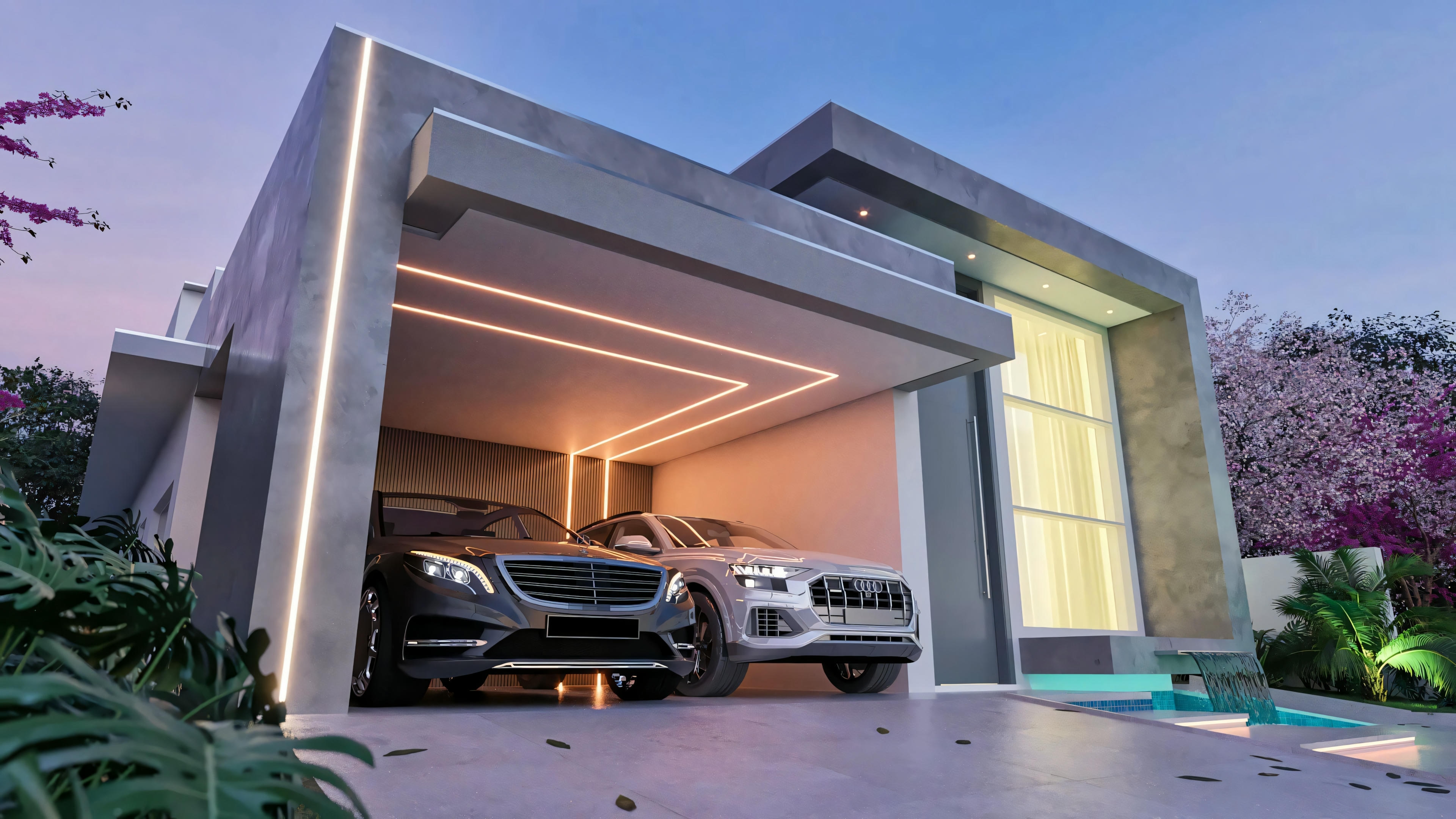 Iluminación nocturna de la fachada de casa moderna de una planta con 3 habitaciones, detallando las luces lineales LED en la cochera para dos autos y en la arquitectura de la entrada.