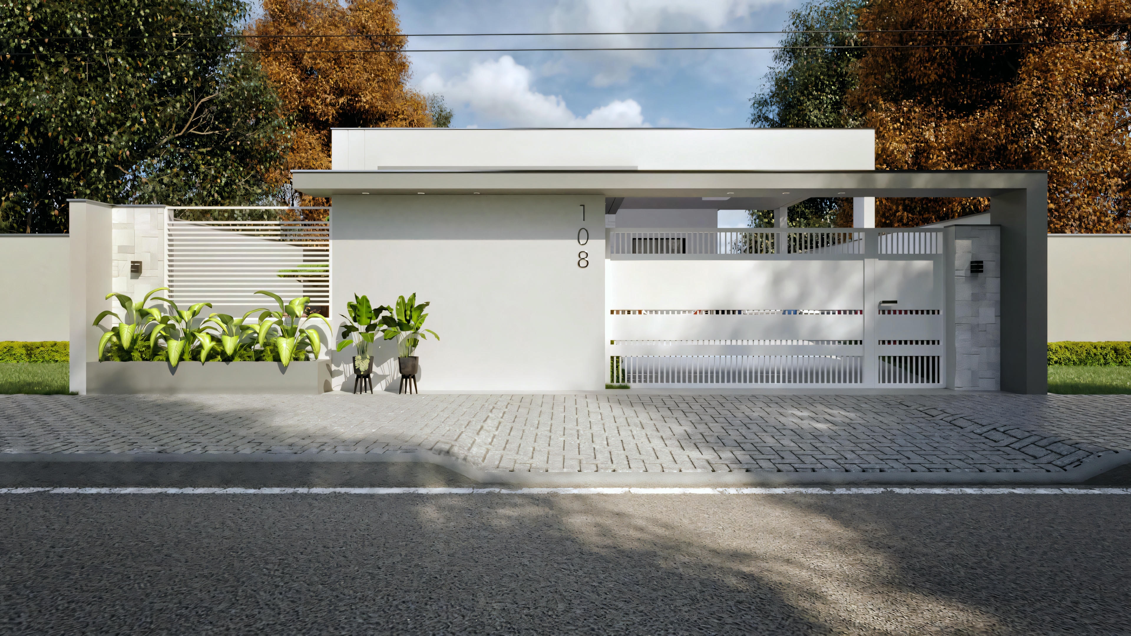 Una casa moderna con techo plano, portón parcialmente abierto y una ventana visible detrás del portón.