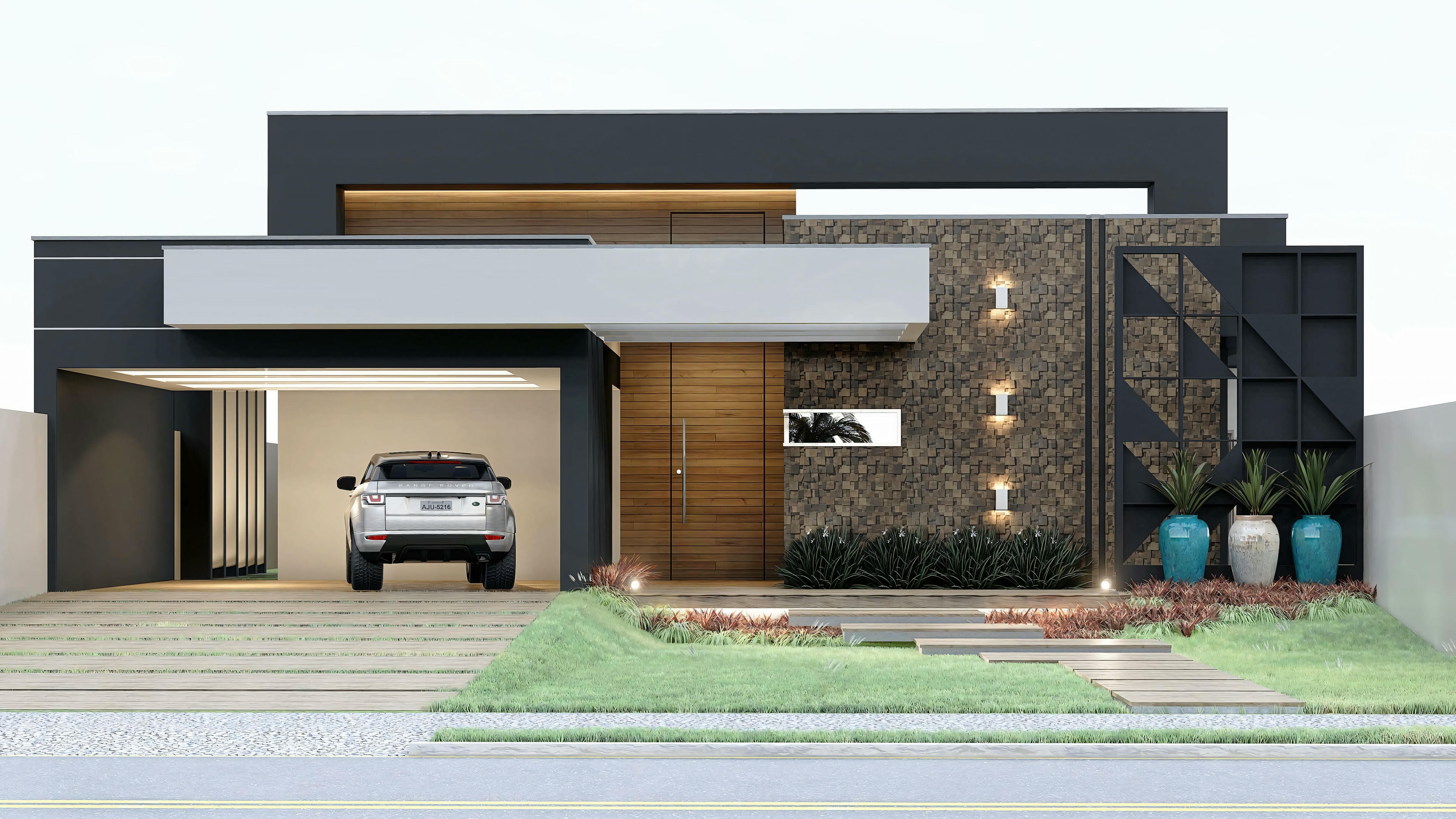 Casa moderna com telhado plano, grandes janelas e jardim paisagístico.