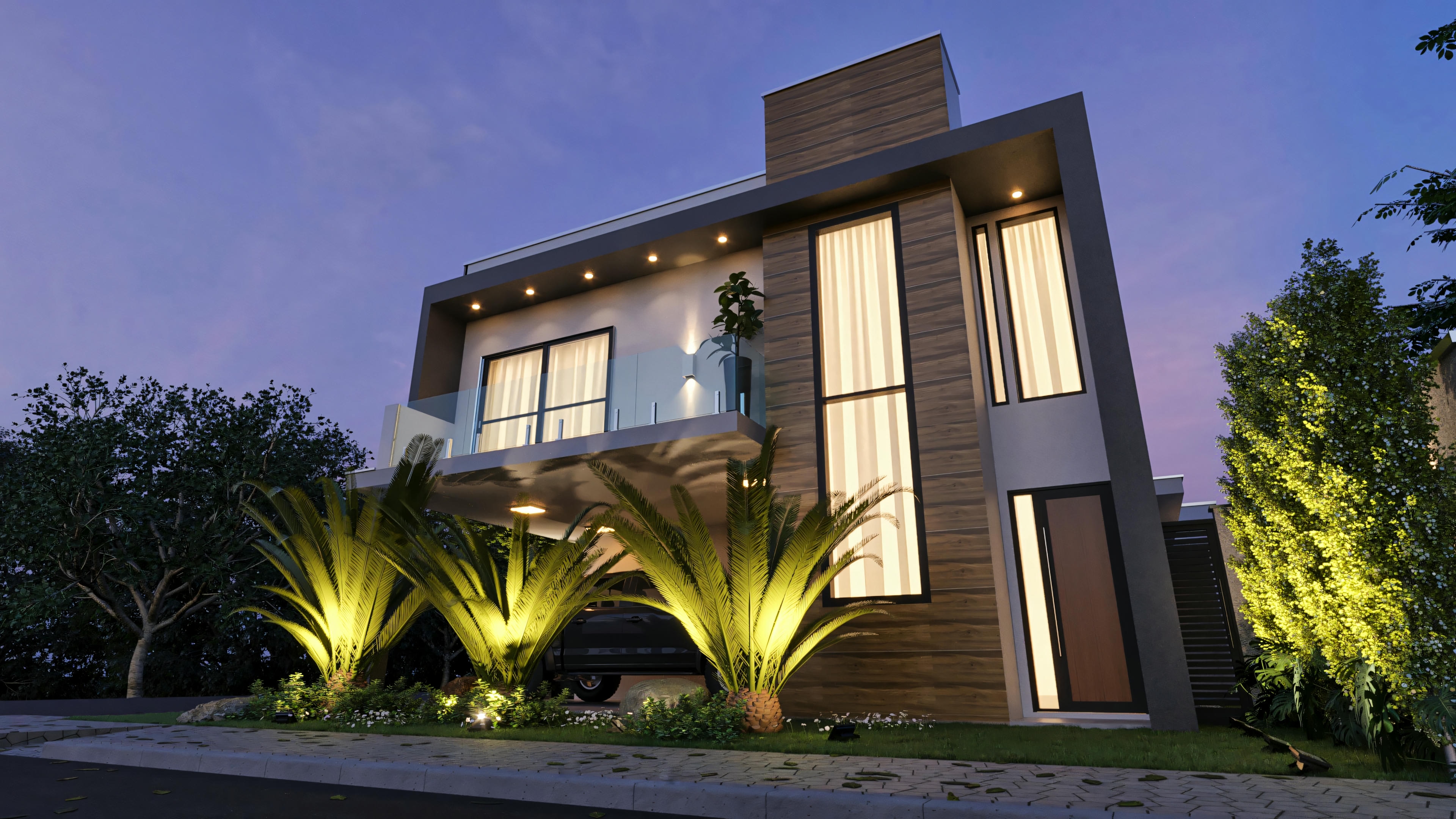 Iluminação noturna valoriza a fachada desta casa sobrado com varanda no piso superior. Vista frontal do modelo moderno com 4 quartos (3 suítes), 210.57m², garagem e sacada com vidro.