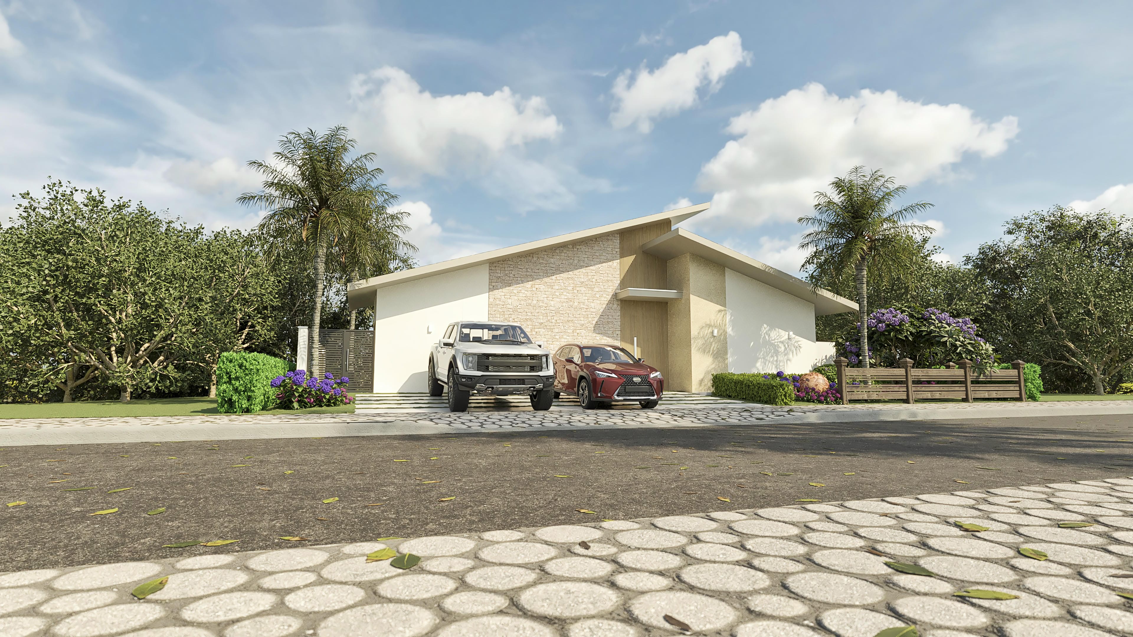 Fachada moderna de casa térrea com 4 suítes, destacando a laje inclinada, o revestimento em pedra e a área gourmet com hidromassagem.