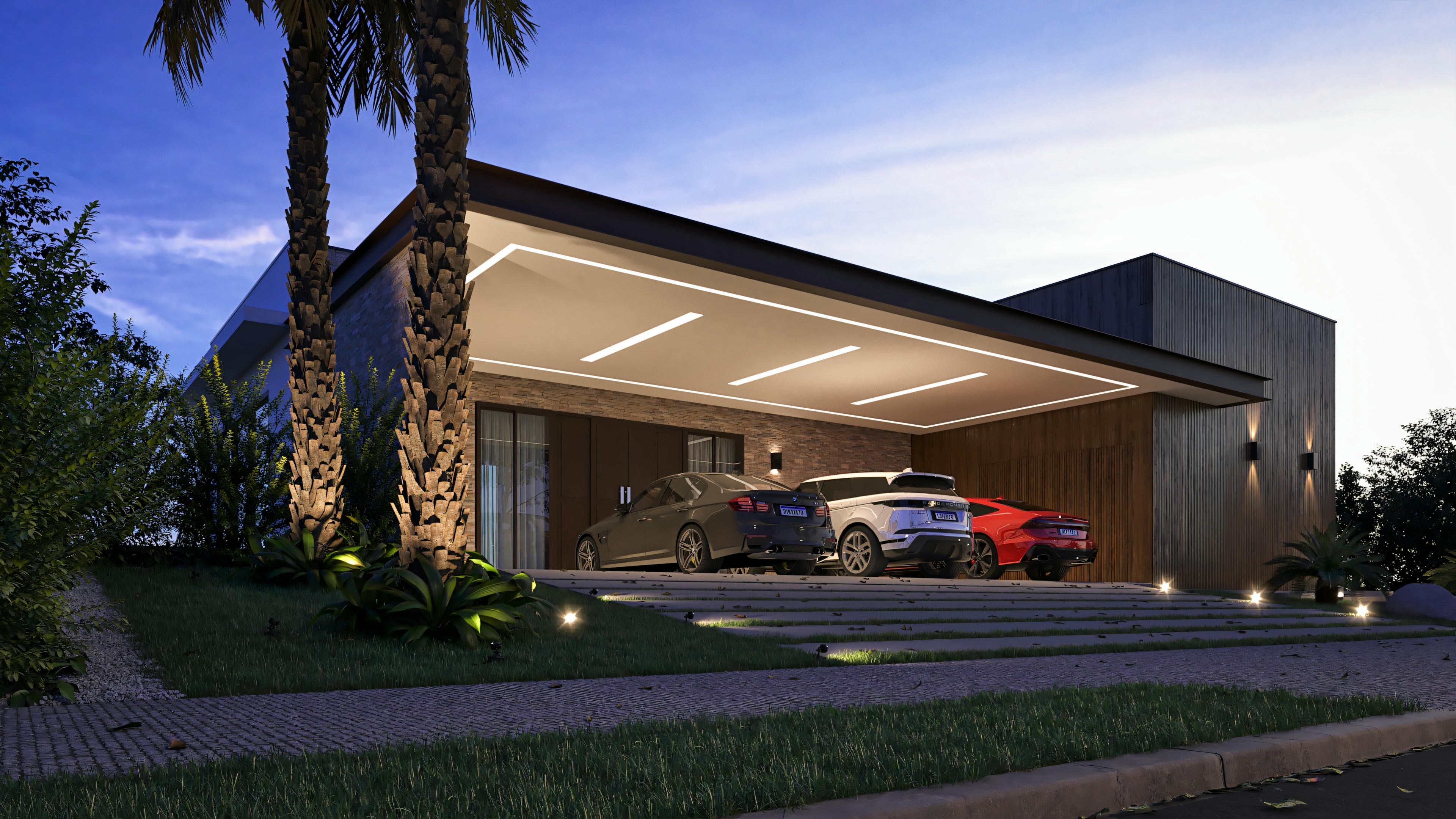 Fachada iluminada de casa térrea de luxo à noite, com projeto luminotécnico destacando a garagem para quatro carros, os revestimentos em madeira e pedra, e o paisagismo frontal, em terreno de 25x40.