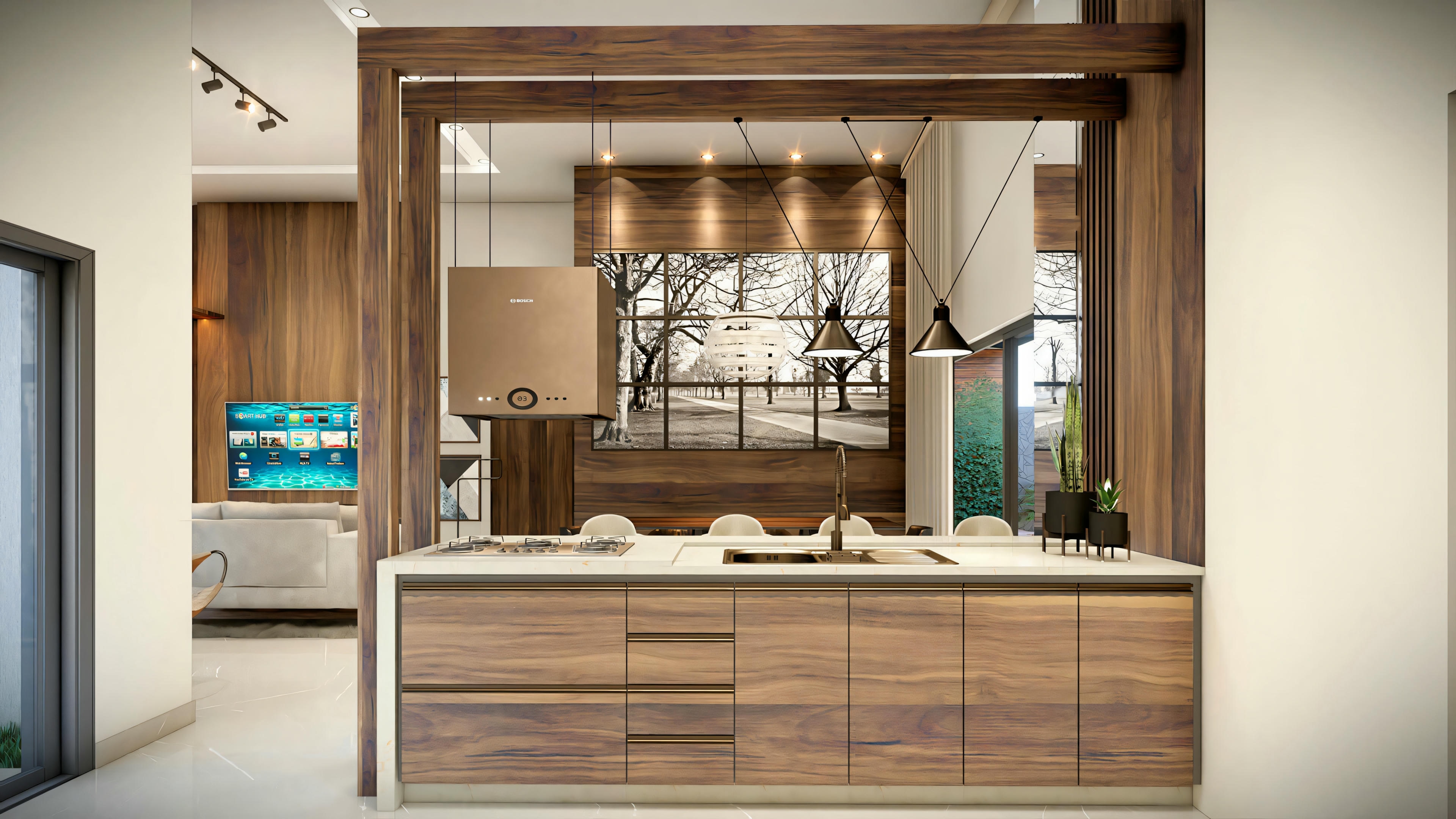 Una cocina con armarios de madera y estantes exhibiendo cristalería.