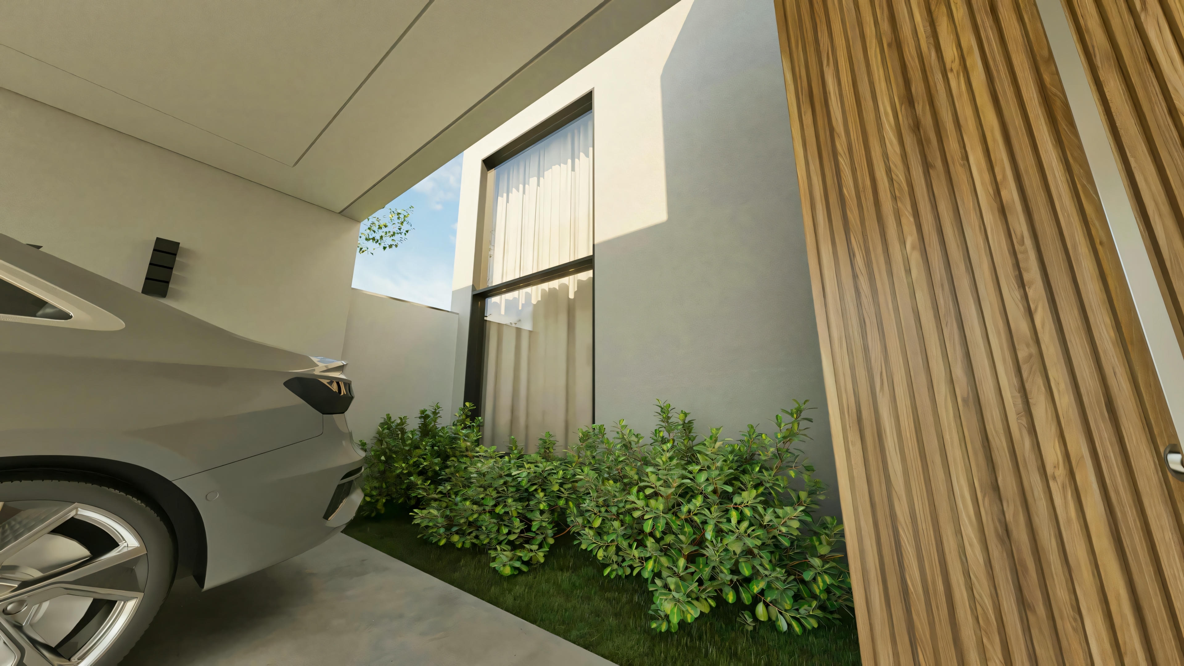Detalhe da entrada principal de casa térrea com 3 quartos, exibindo porta pivotante com revestimento em madeira ripada, janela lateral com jardim e parte da garagem coberta para 2 carros. Projeto moderno de 196m².