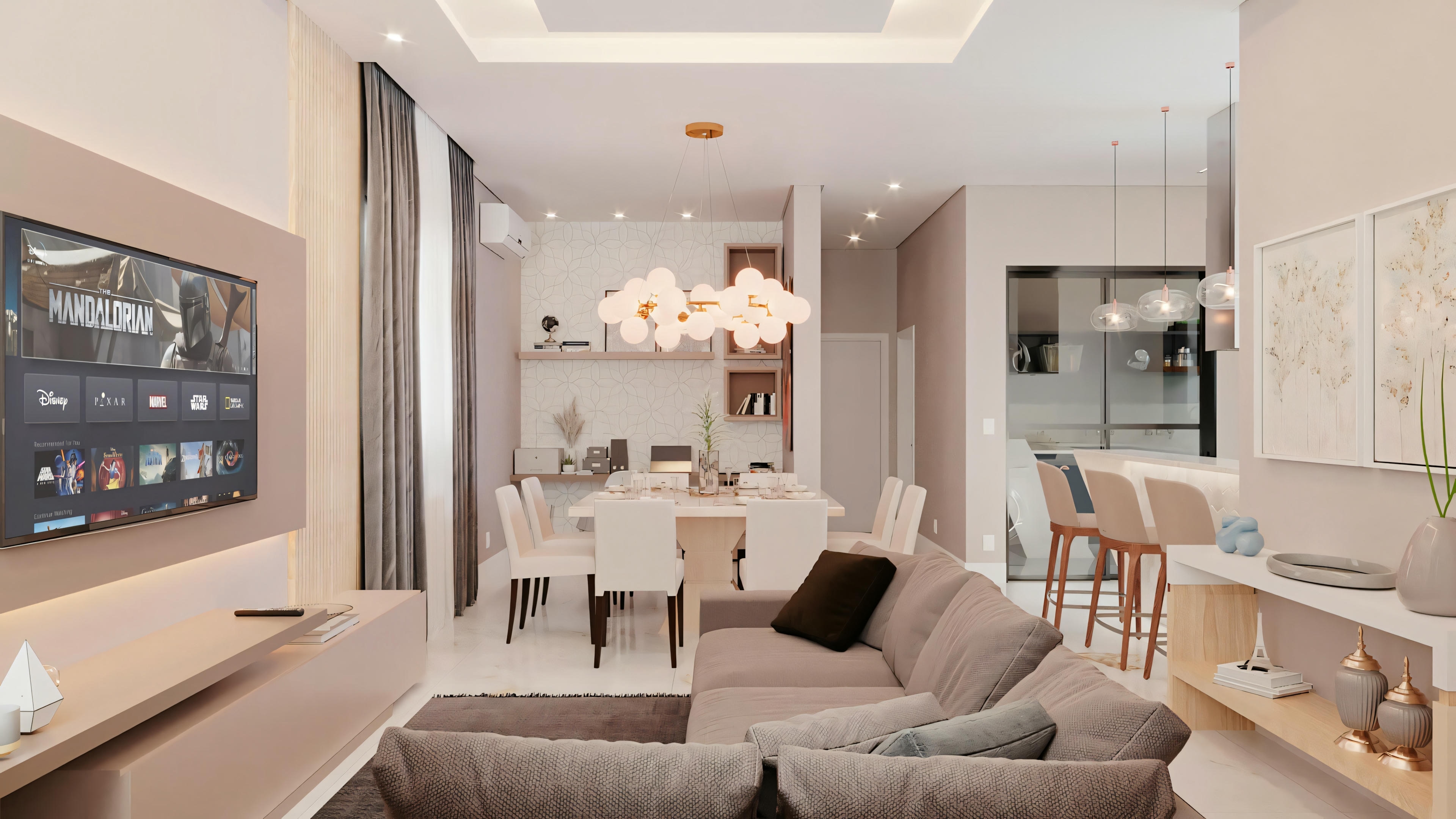A dining and living area with a table for six, sofa, armchairs, and kitchen in the background.