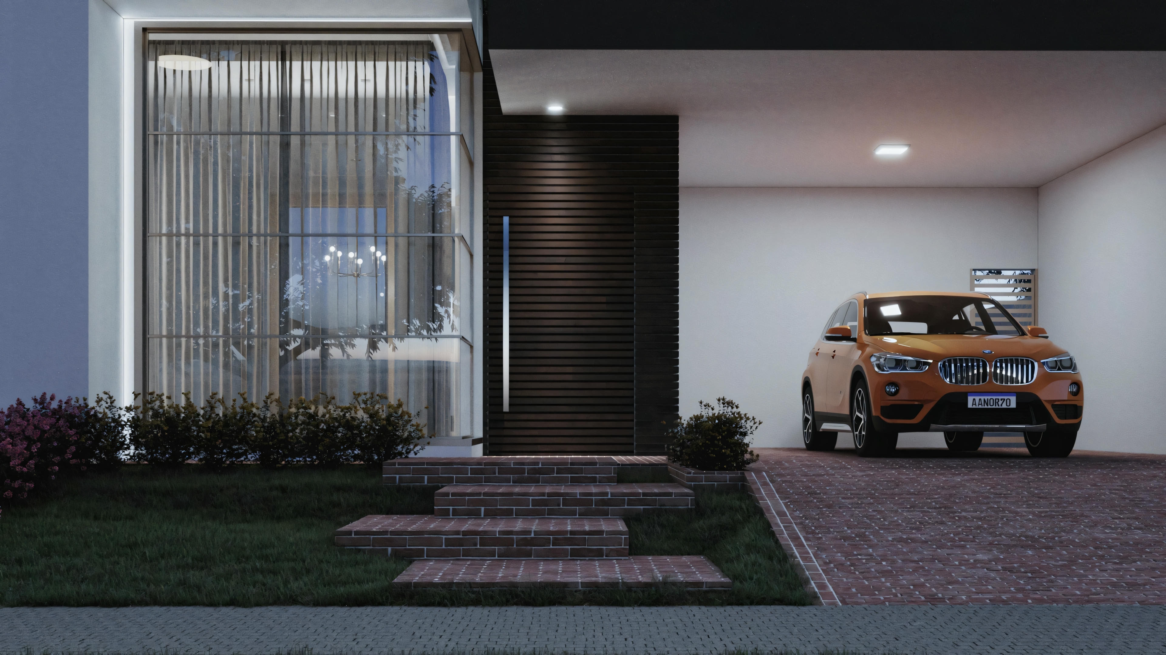 Exterior view of a house at dusk or night, with warm lighting illuminating the facade and entryway; there is also a car parked in front of the garage.