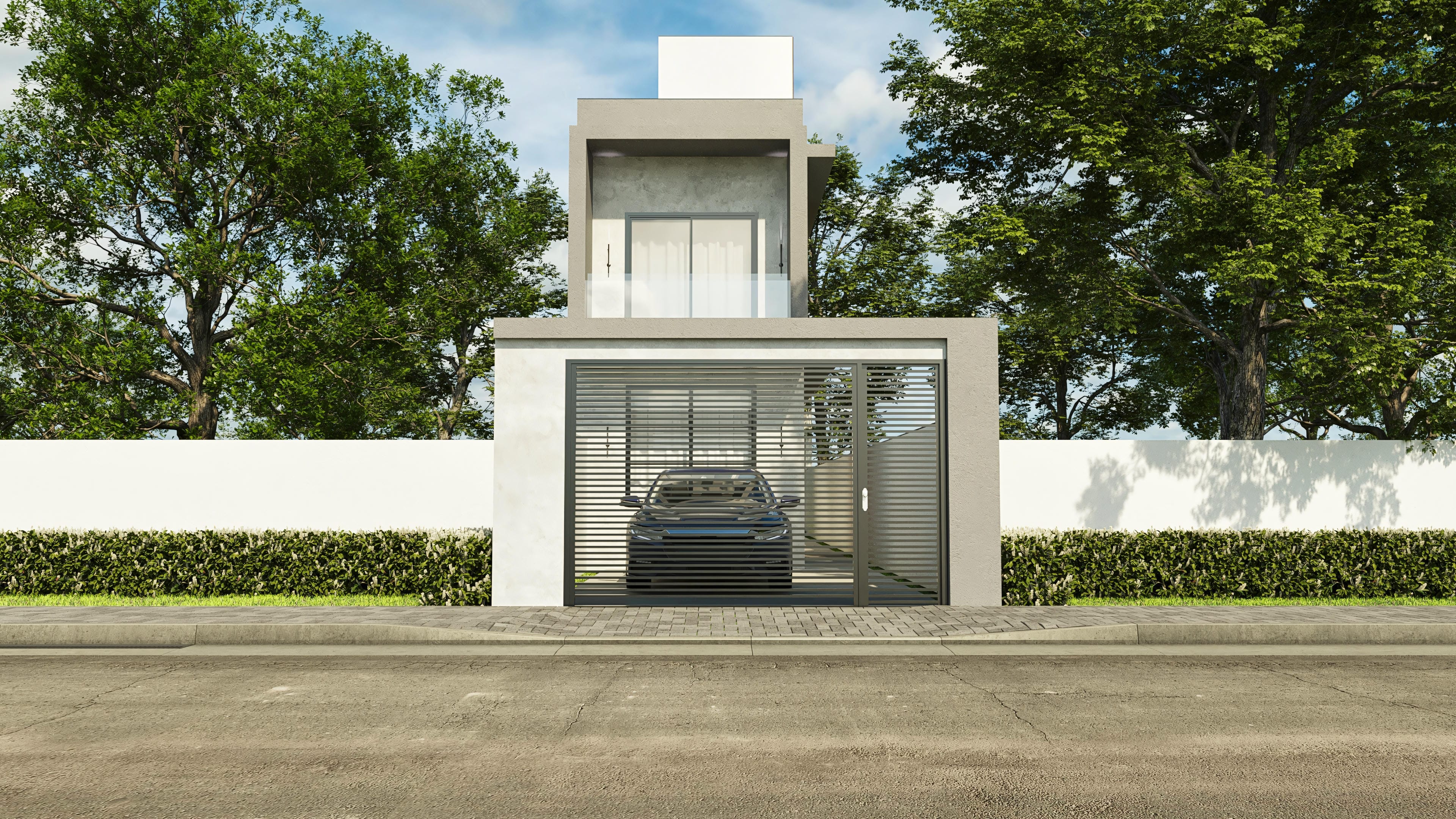 Modern facade of a two-story house with a slatted metal bascule gate, grayish concrete and white volumes, and large glass windows. An architectural project for narrow lots.