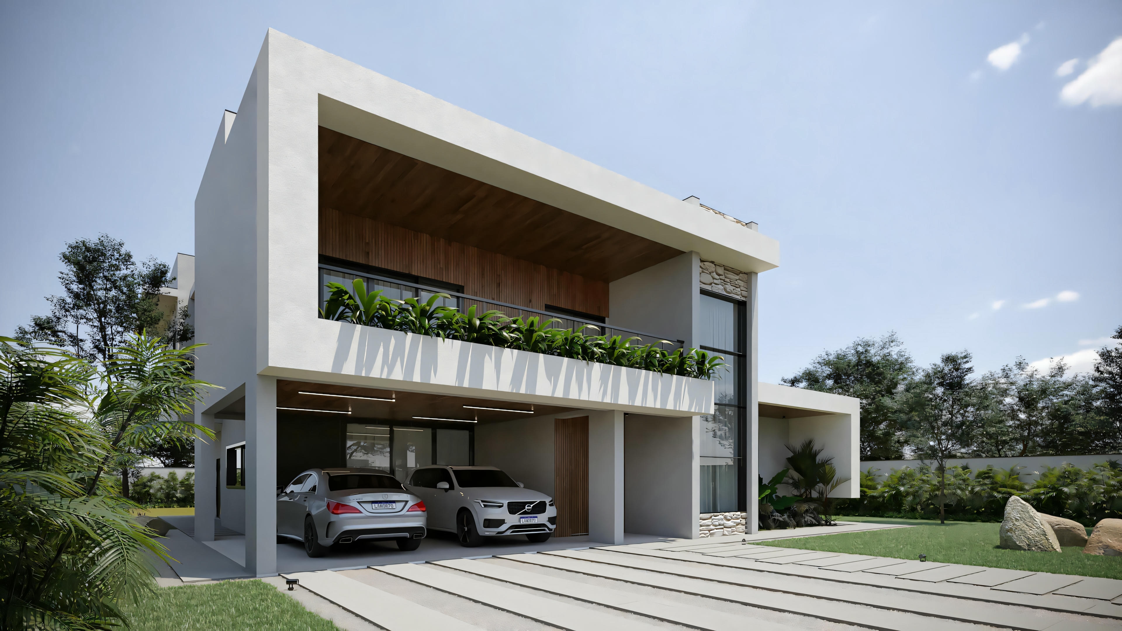 Plano listo de casa moderna con 368.67m², 3 suites y área gourmet. Foto de la fachada diurna con garaje para 2 autos, balcón con vegetación y detalles en piedra y madera.