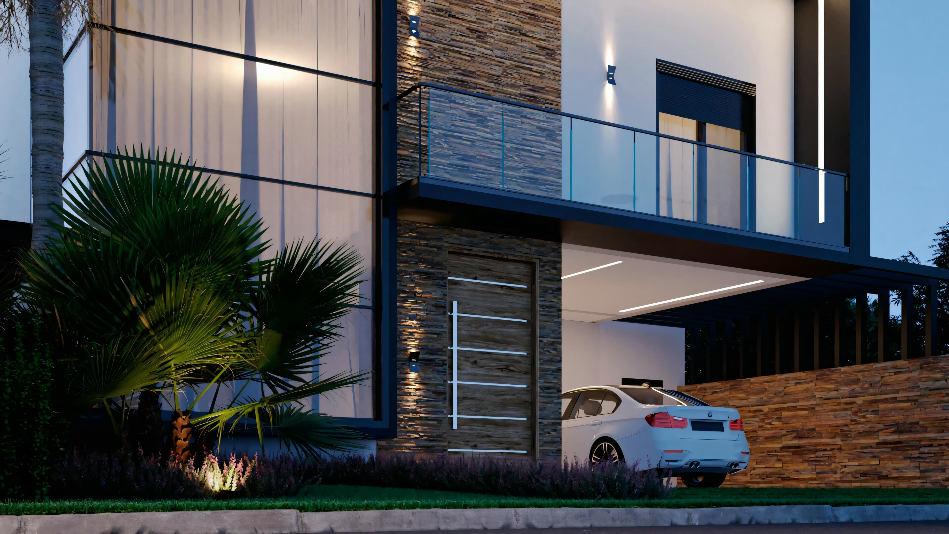 Vista externa de uma casa moderna ao anoitecer, com janelas iluminadas e um carro branco estacionado na entrada.