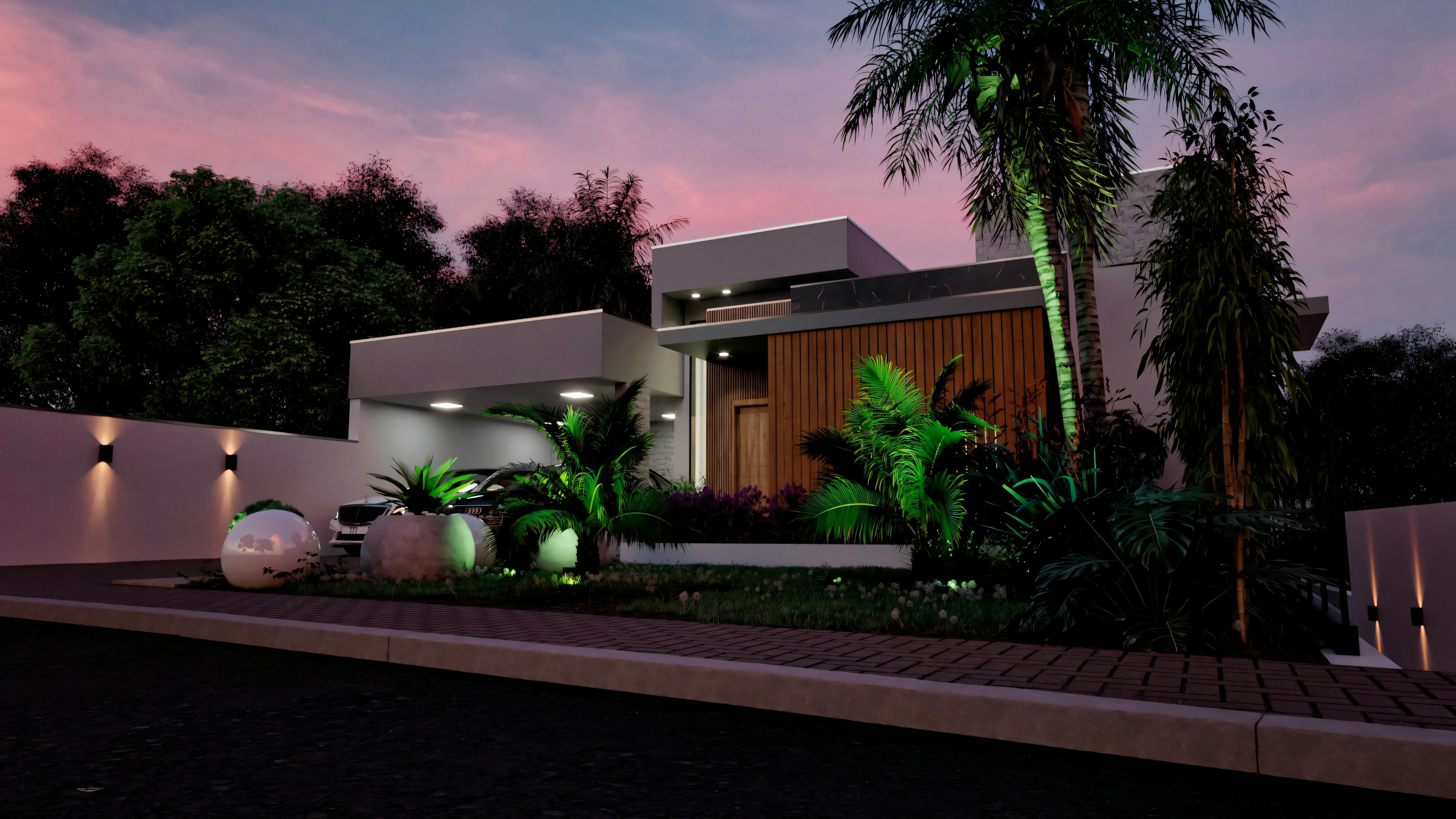 Fachada de una casa moderna durante el crepúsculo, con paisajismo visible e iluminación exterior.