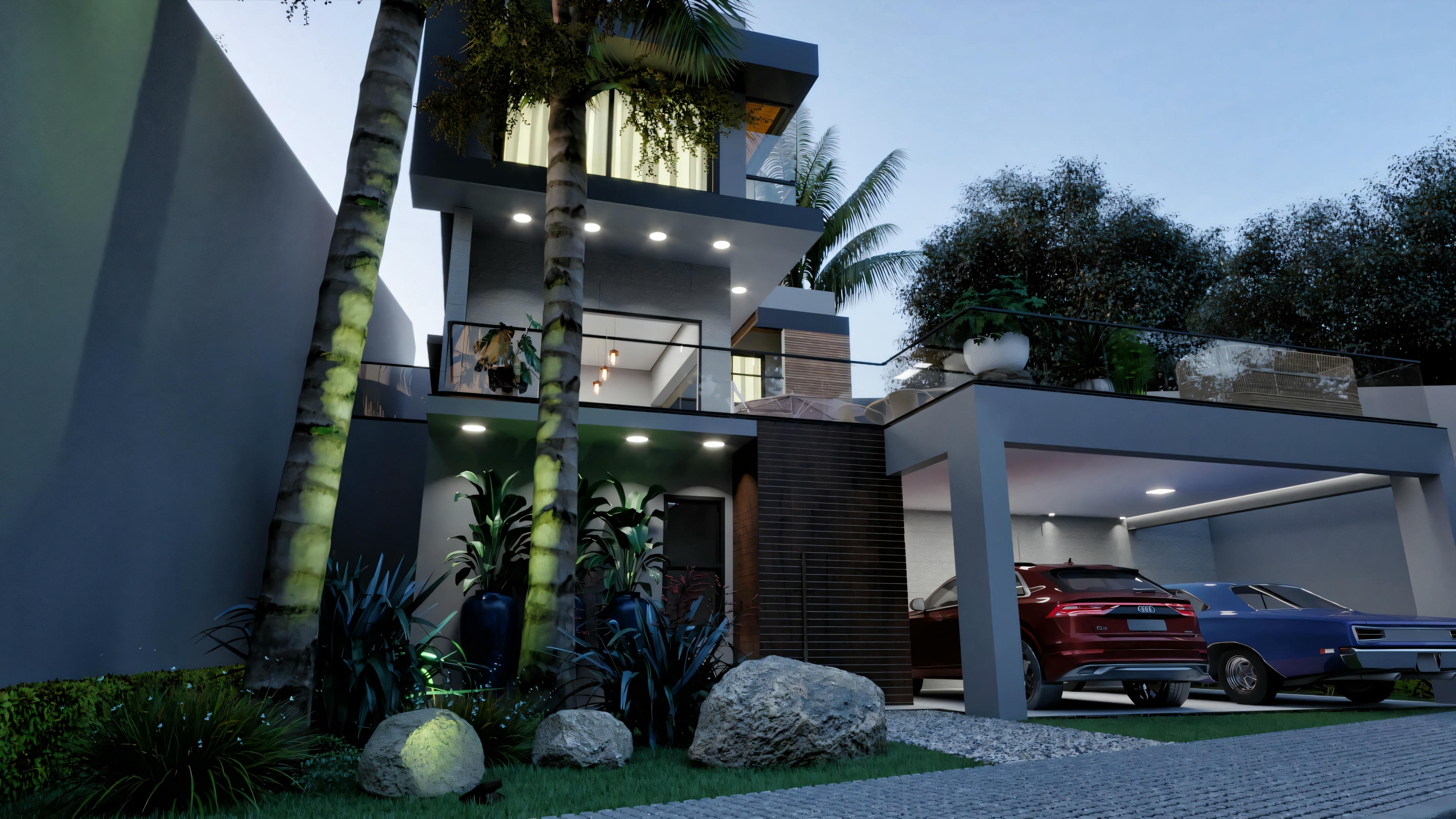 Vista con iluminación nocturna de la fachada, casa moderna con 4 suites y 316.98m². Detalles incluyen garaje doble, paisajismo iluminado, madera y vidrio.