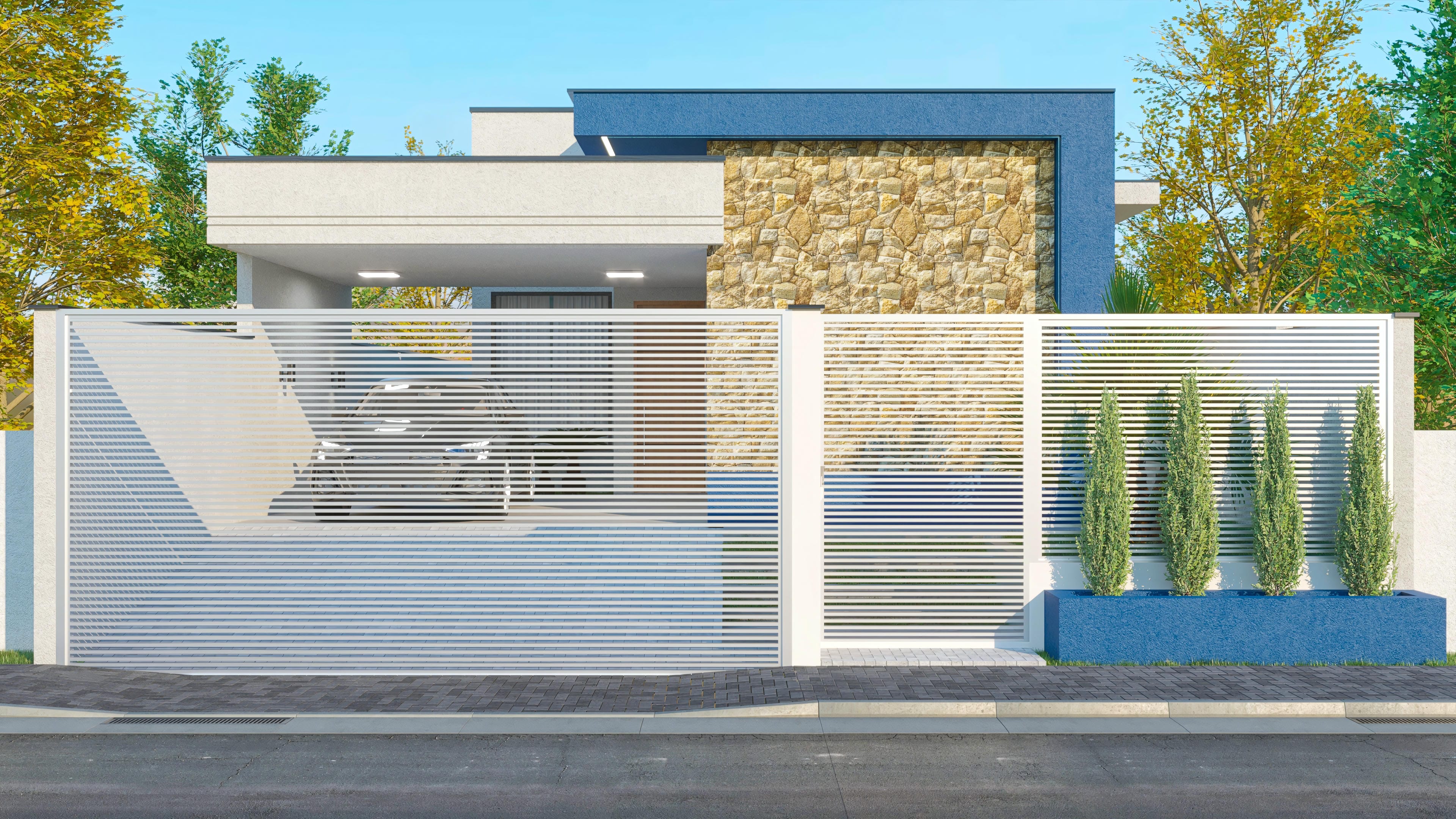 Fachada de casa de una planta moderna con 3 suites, presentando volúmenes en blanco y azul vibrante, con destaque para el revestimiento de piedra natural.