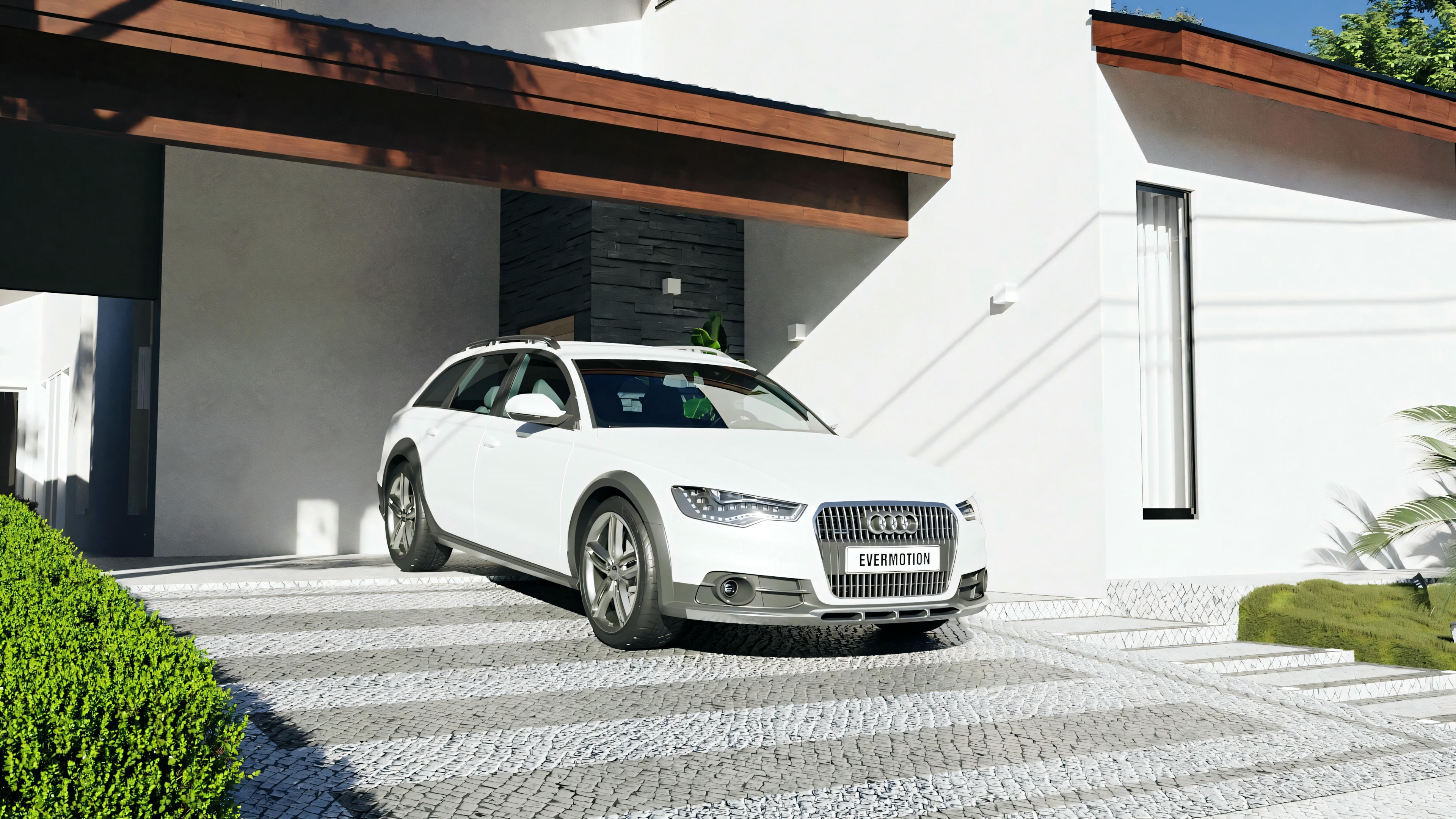 Detail of the covered garage with exposed wood roof, interlocking block floor and access to the main entrance of the 183sqm modern house.