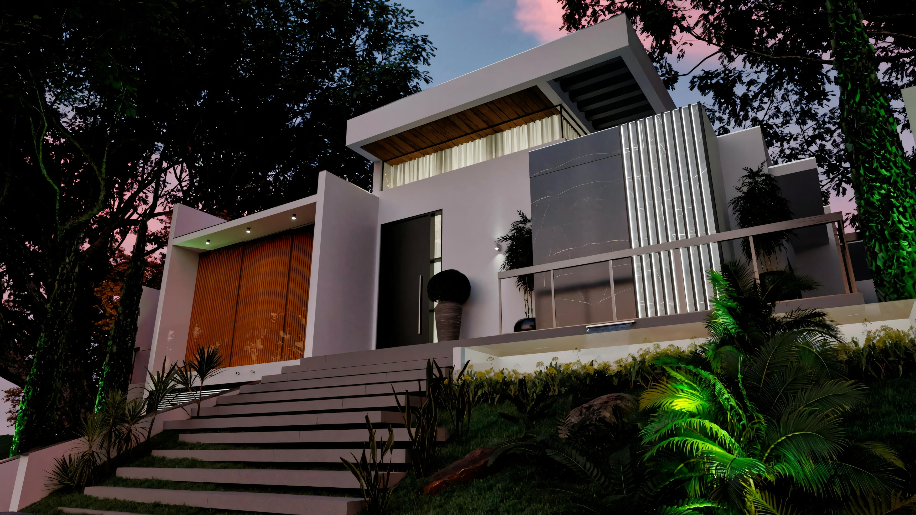 Detalle nocturno del garaje para 3 autos en proyecto de mansión moderna. Iluminación empotrada en el techo de madera realza los vehículos y el diseño. Proyecto de casa imponente con 4 suites.
