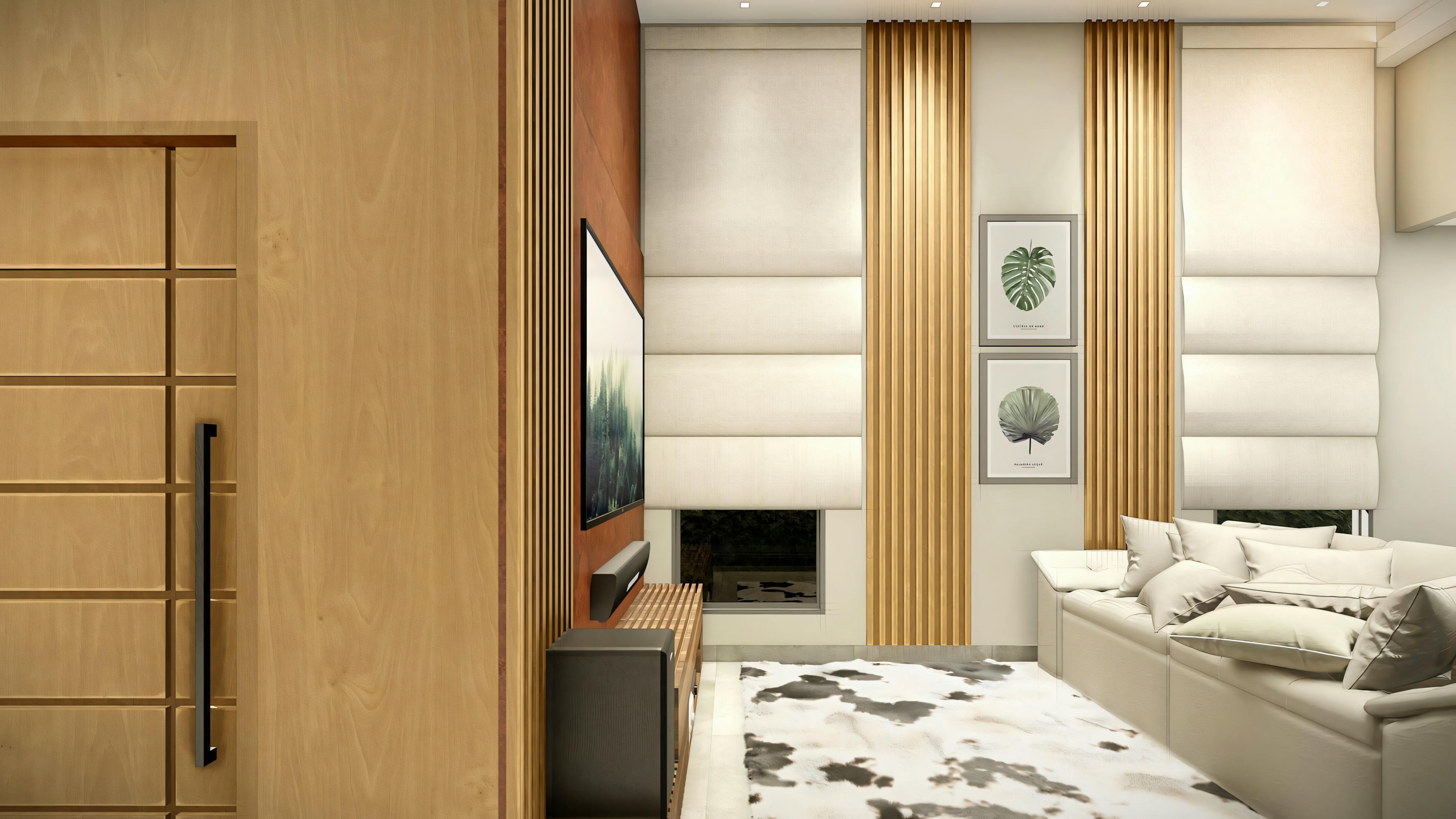 Una habitación moderna con cama matrimonial, mesitas de noche y decoración minimalista.