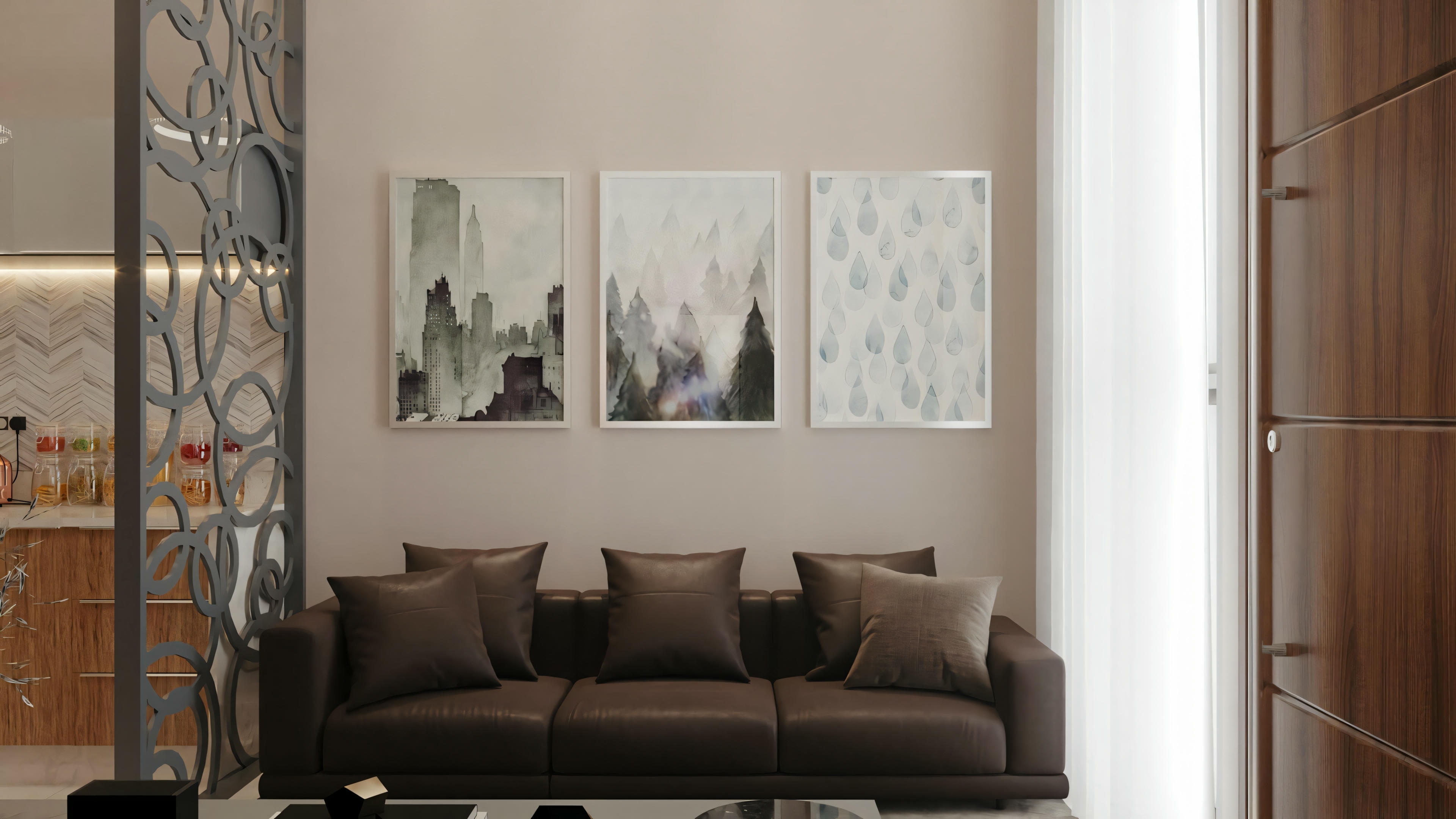 Una habitación moderna con un sillón y una mesa lateral.