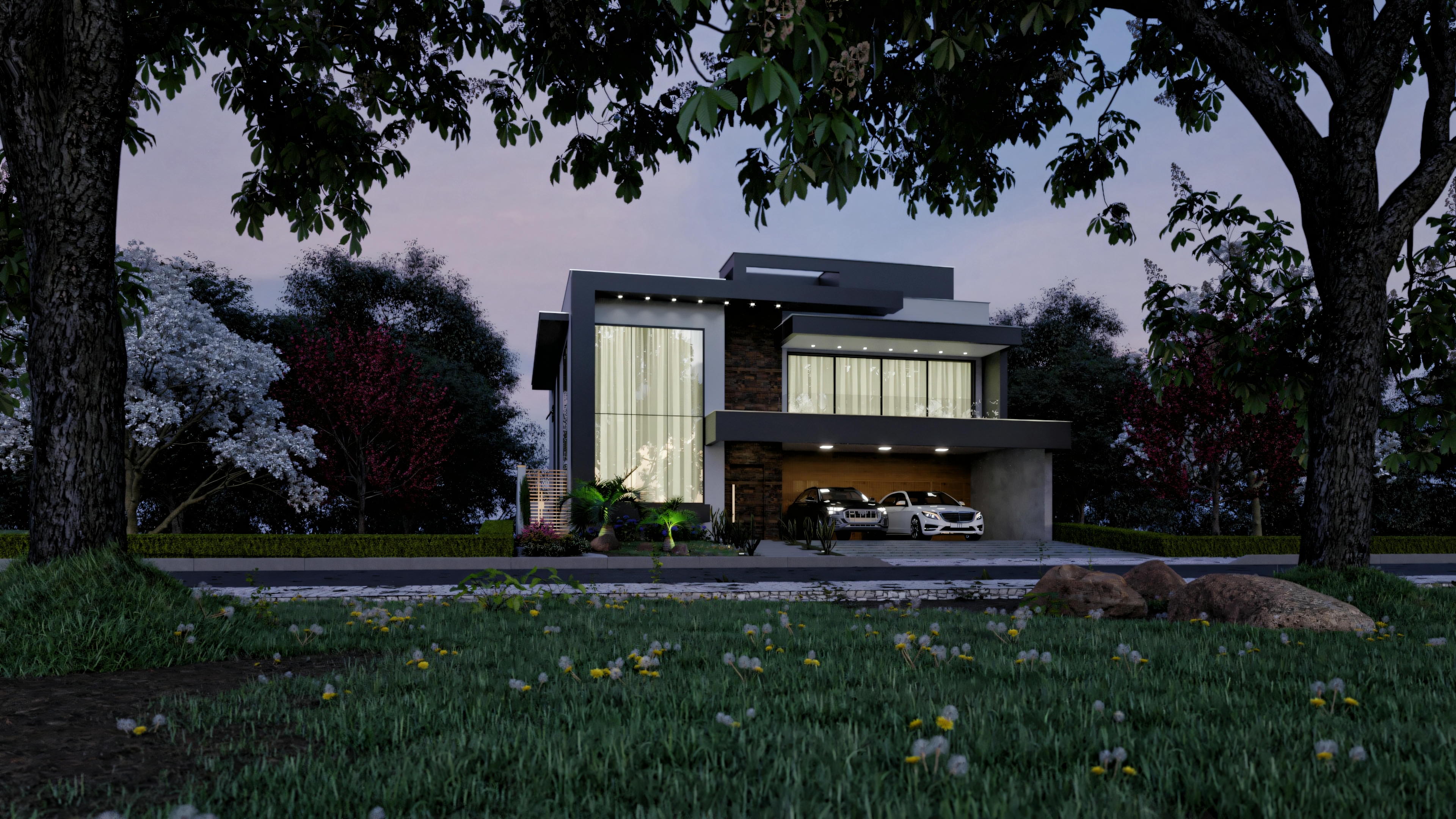 Facade of a high-standard 5-suite house viewed at dusk/night. Modern architecture with lights on, stone cladding, glass, garage for 2 cars, integrated with the front garden.