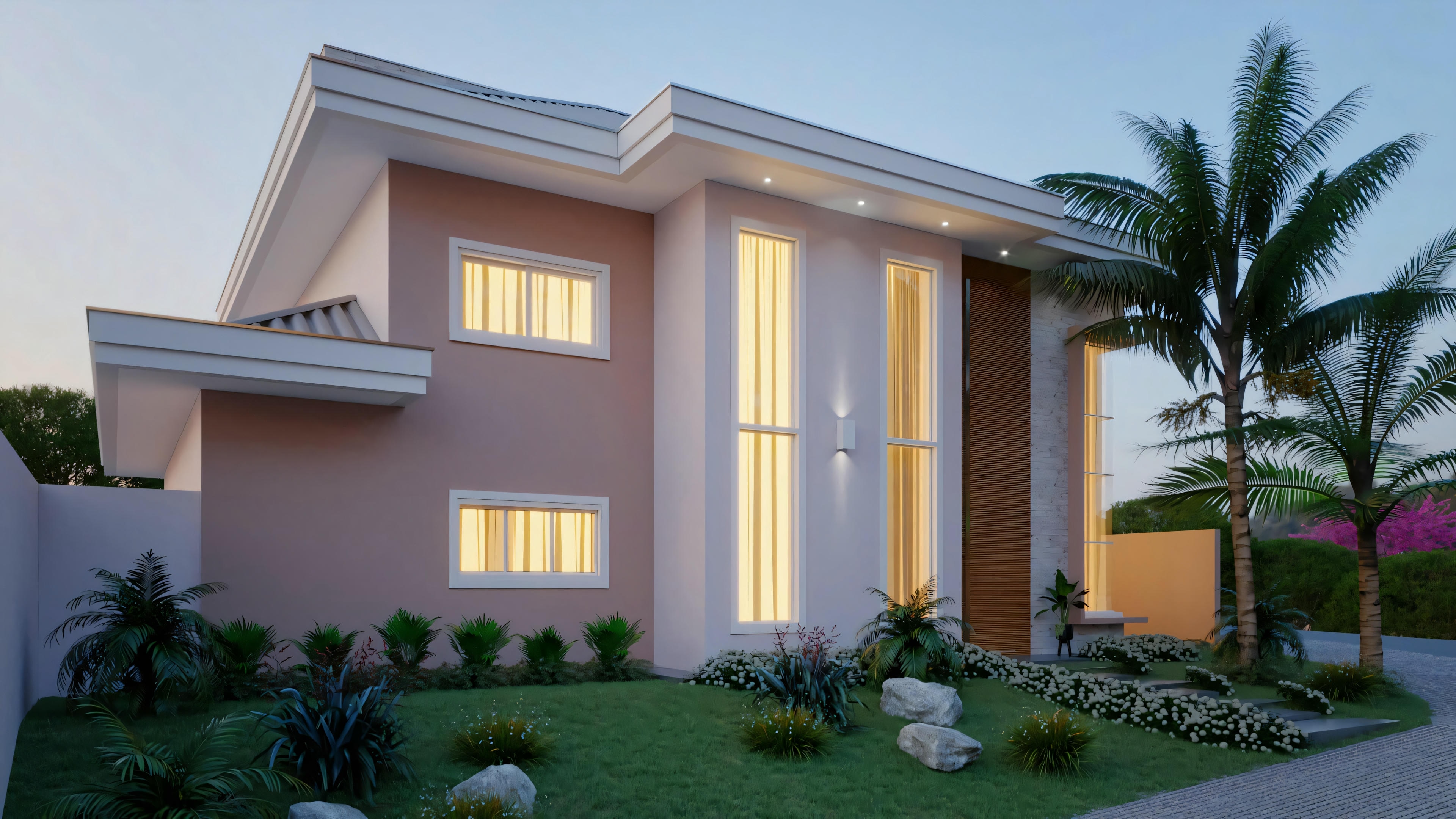 A house with a prominent upper level and a balcony or terrace.