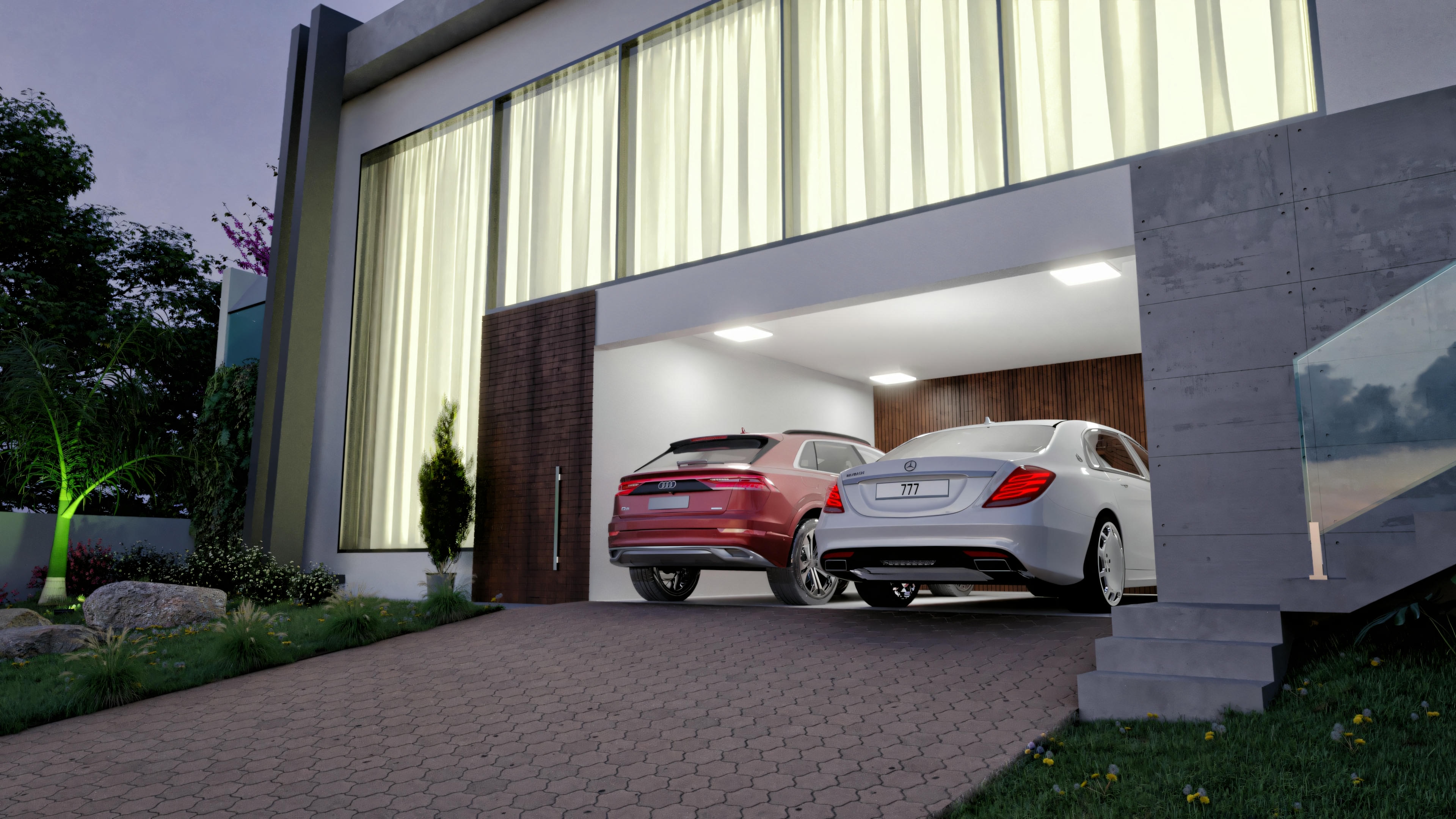 Night view of the two-car garage entrance in a modern house with 3 suites, pool and gourmet area. The lighting enhances the 335.08sqm project details, such as the wood cladding in the garage, the interlocking paving and the large windows. Ideal for those looking for a house plan with 3 suites and a sophisticated gourmet area.