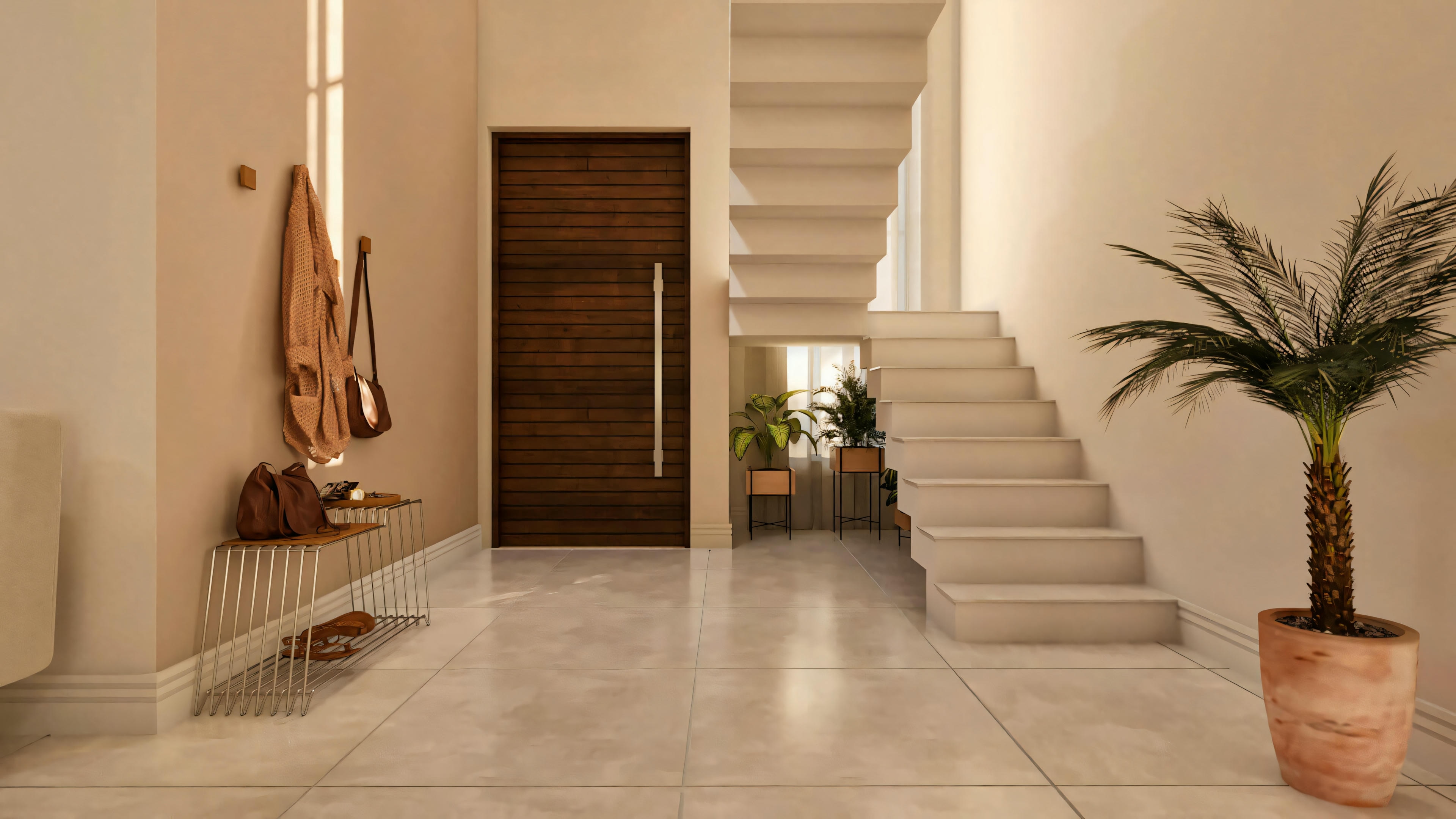 Vista interior del recibidor de entrada de la casa de dos pisos moderna en terreno 10x25. Detalle de la puerta pivotante de madera, escalera y piso en porcelanato claro. Diseño de interiores contemporáneo.