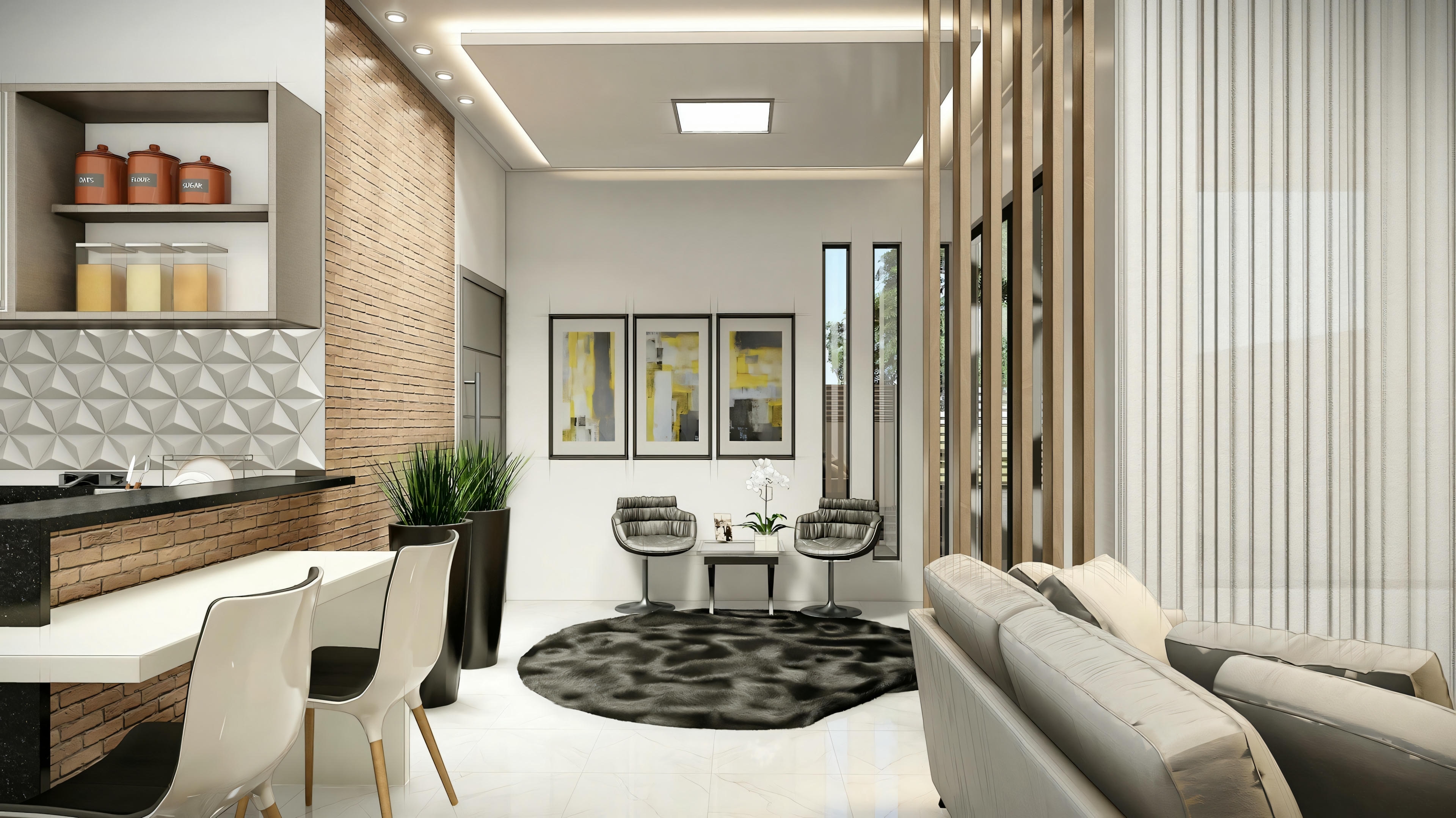Kitchen with stools and pendant lights.
