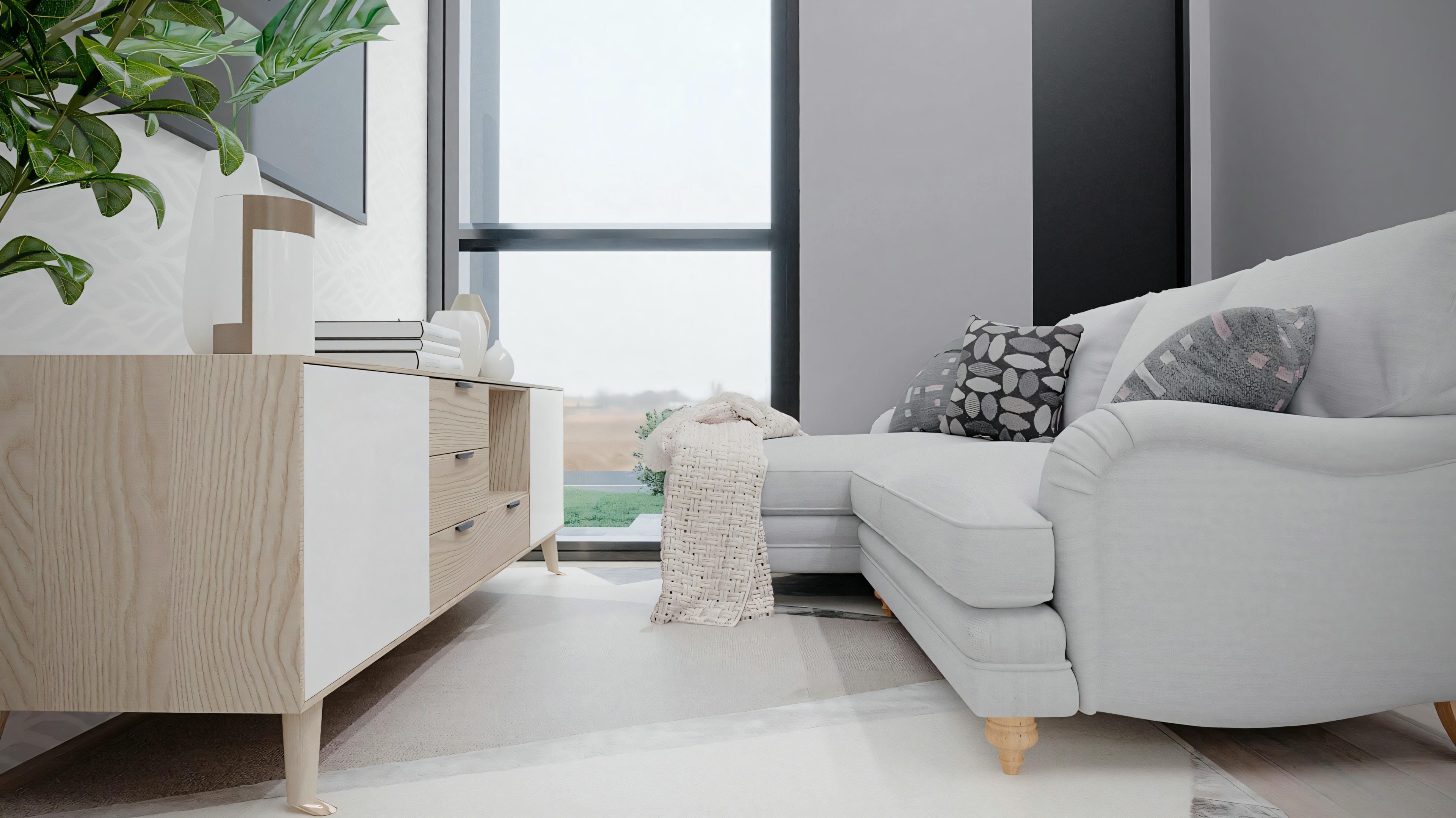 Living area with sofa and coffee table.