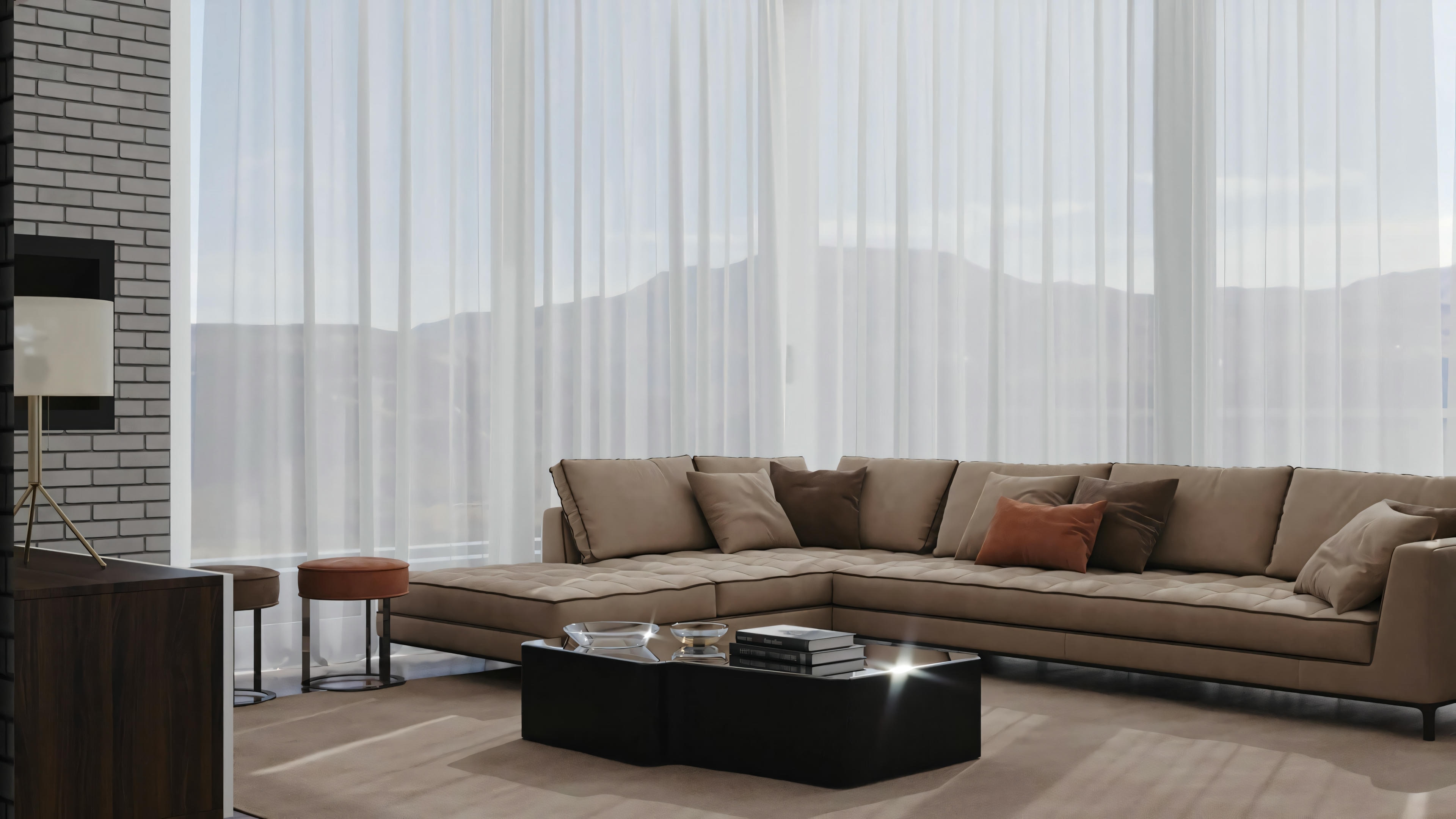 Living room with sofas and curtains.