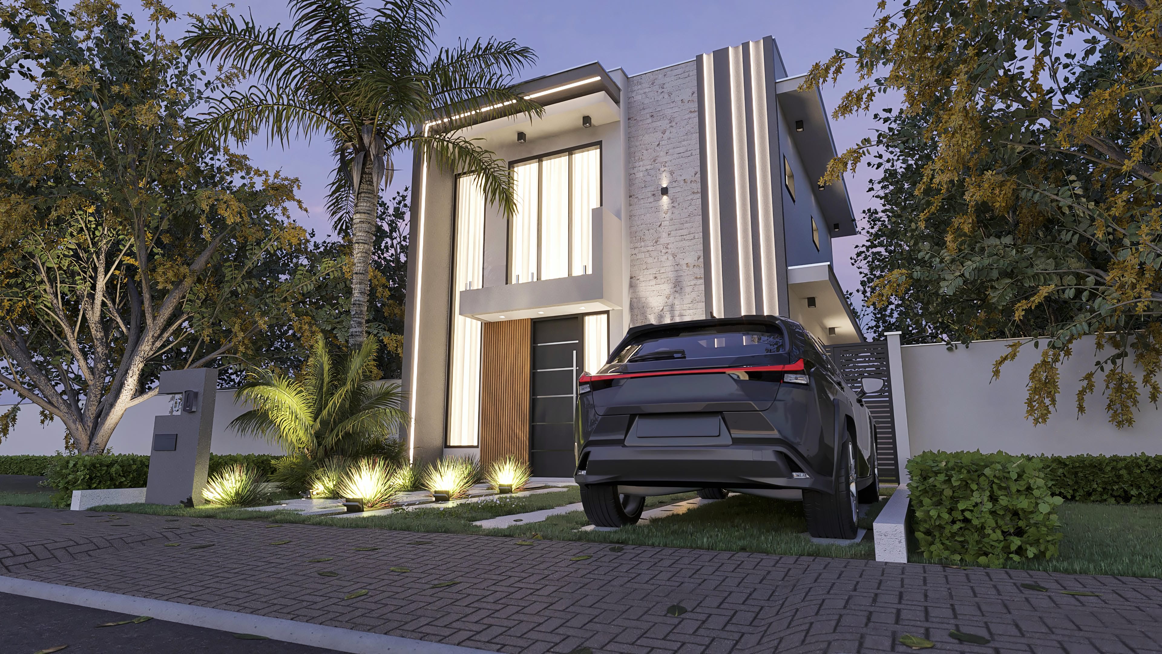 Modern facade of a small two-story house with stone, wood details, and integrated LED lighting. The project features a large glazed area, pool, and lush landscaping.