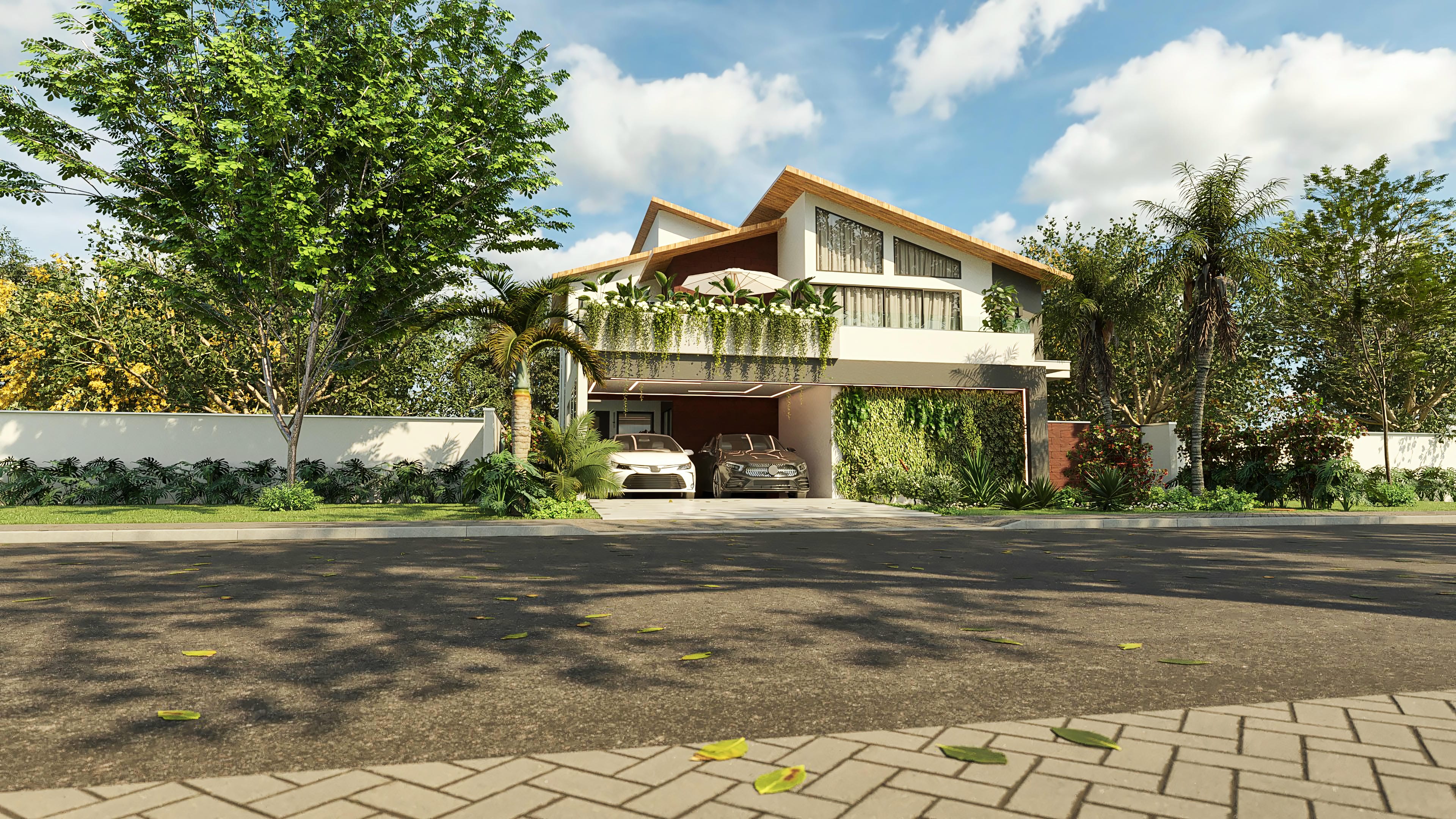 Modern two-story house with a bold facade, roof with exposed wooden tiles, large windows, and a lush vertical garden. The external area has a pool and gourmet space, ideal for leisure and socializing.