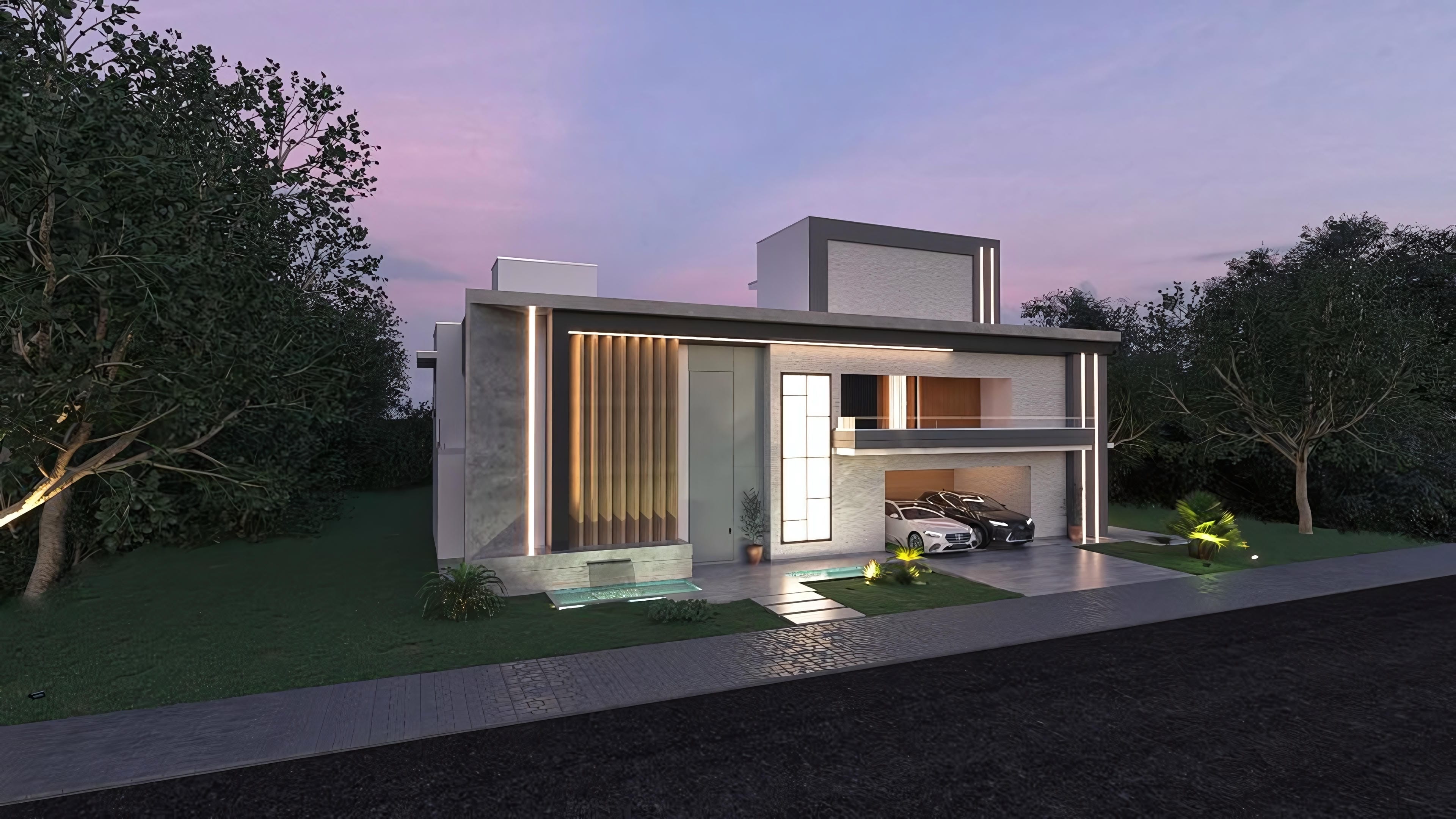 Modern facade of a high-end two-story house with artificial beach, integrated gourmet area, straight lines, exposed concrete, and wood.