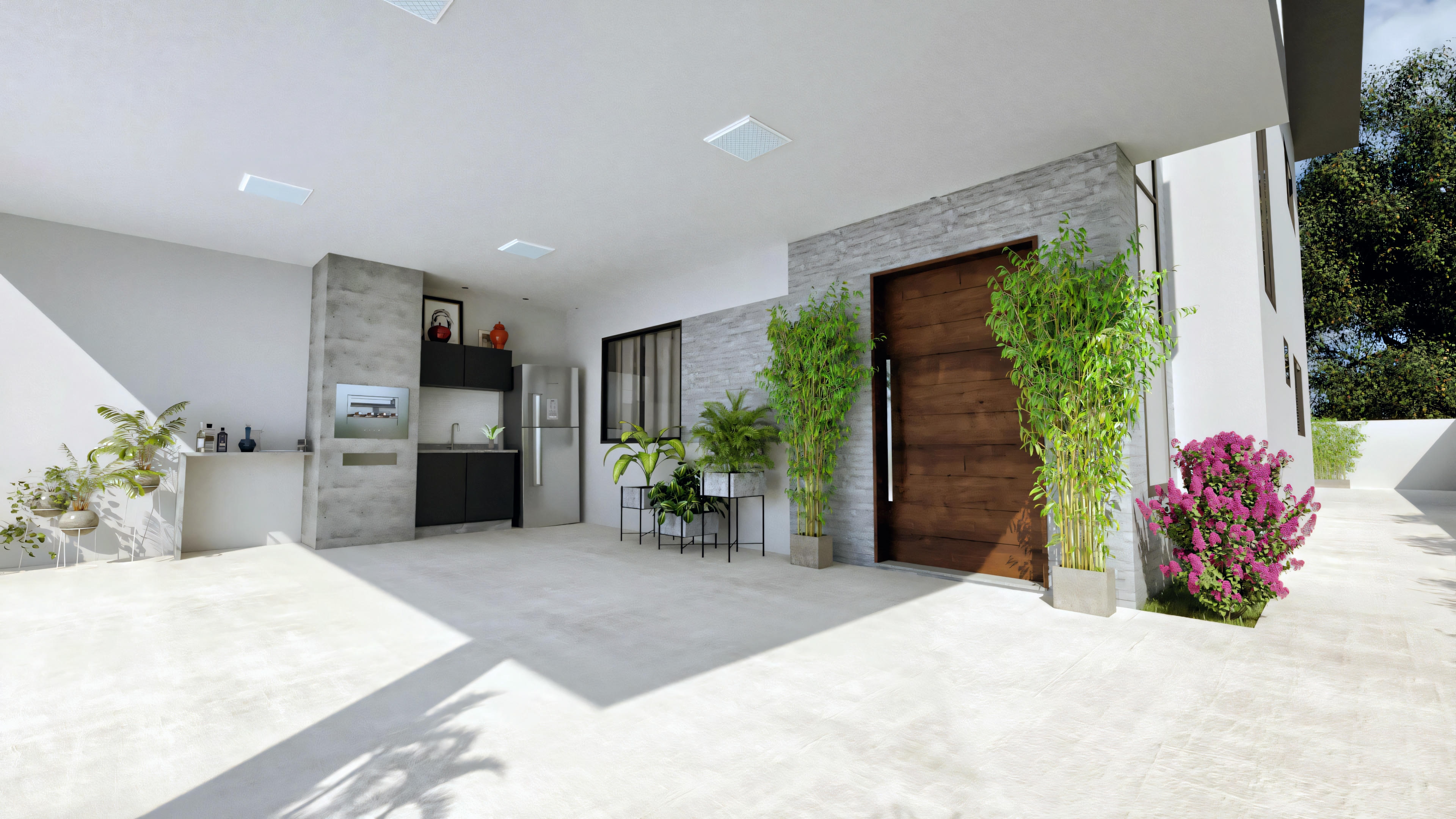 Modern garage with an open door, organized interior with items stored on shelves.