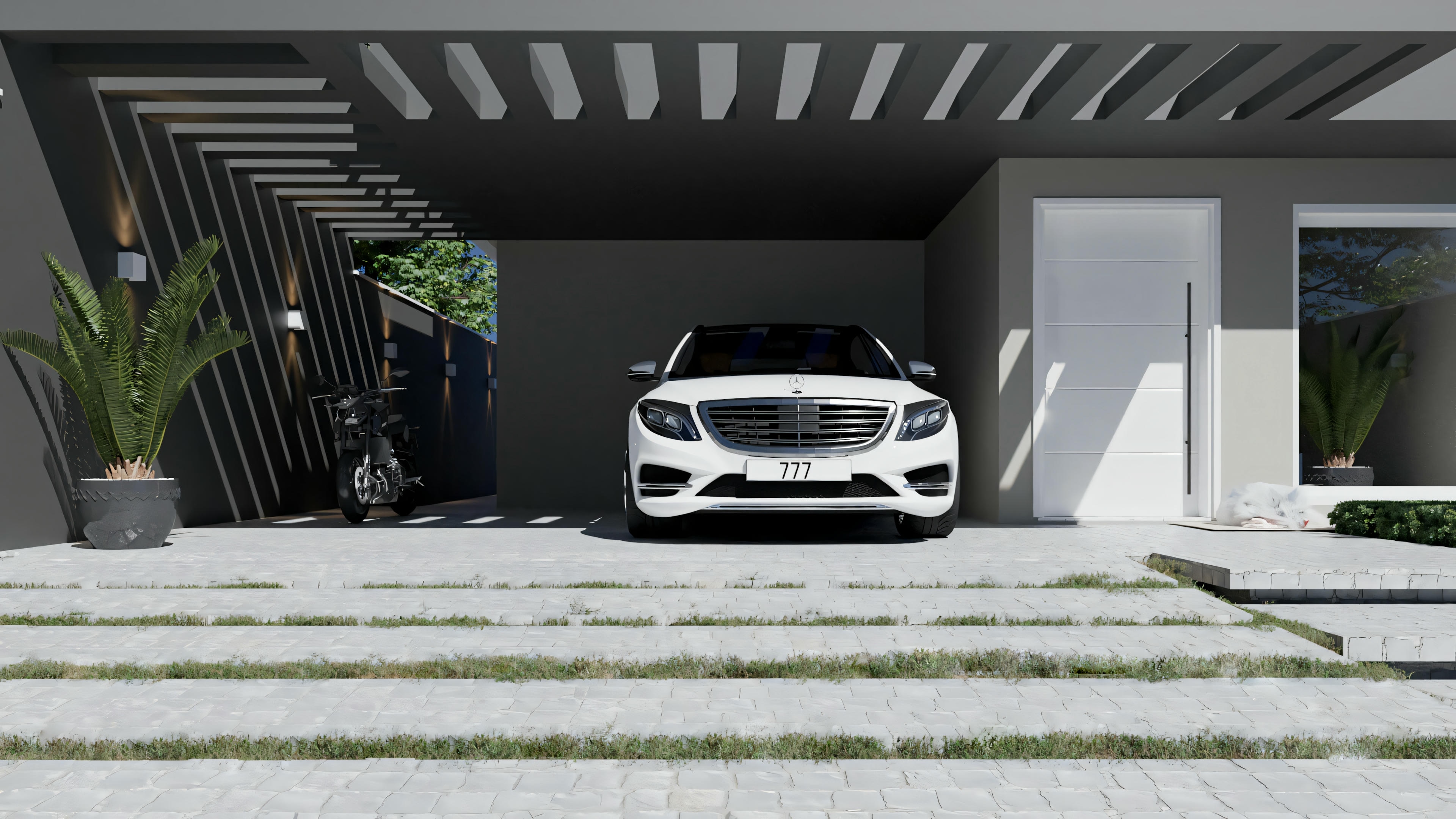 Interior of the garage with a parked car.