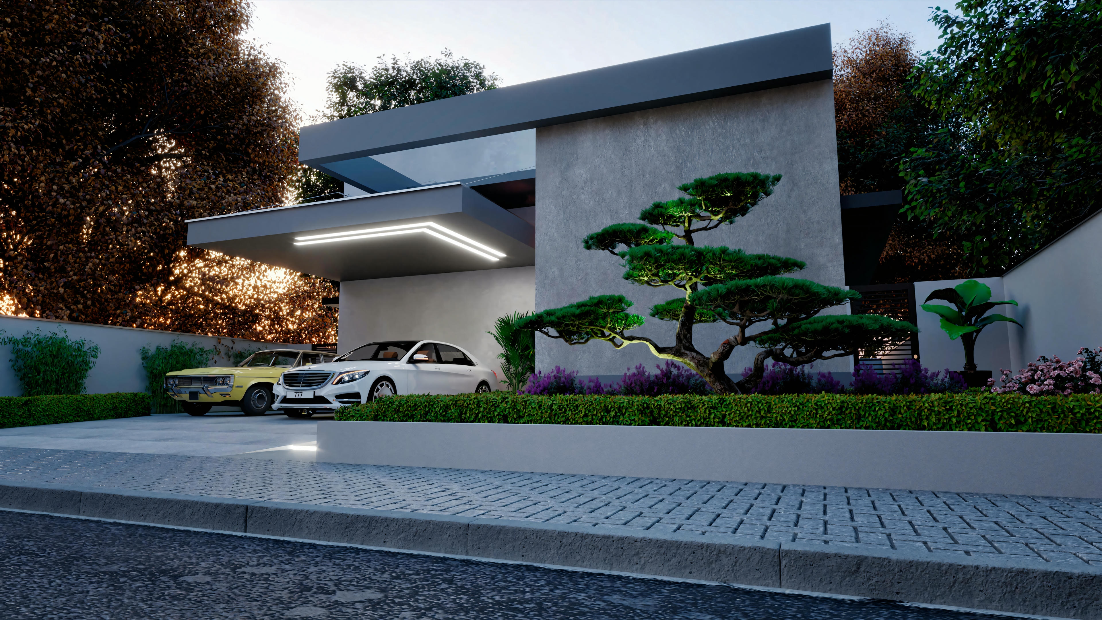 A modern house at dusk with large glass windows and a flat roof design.