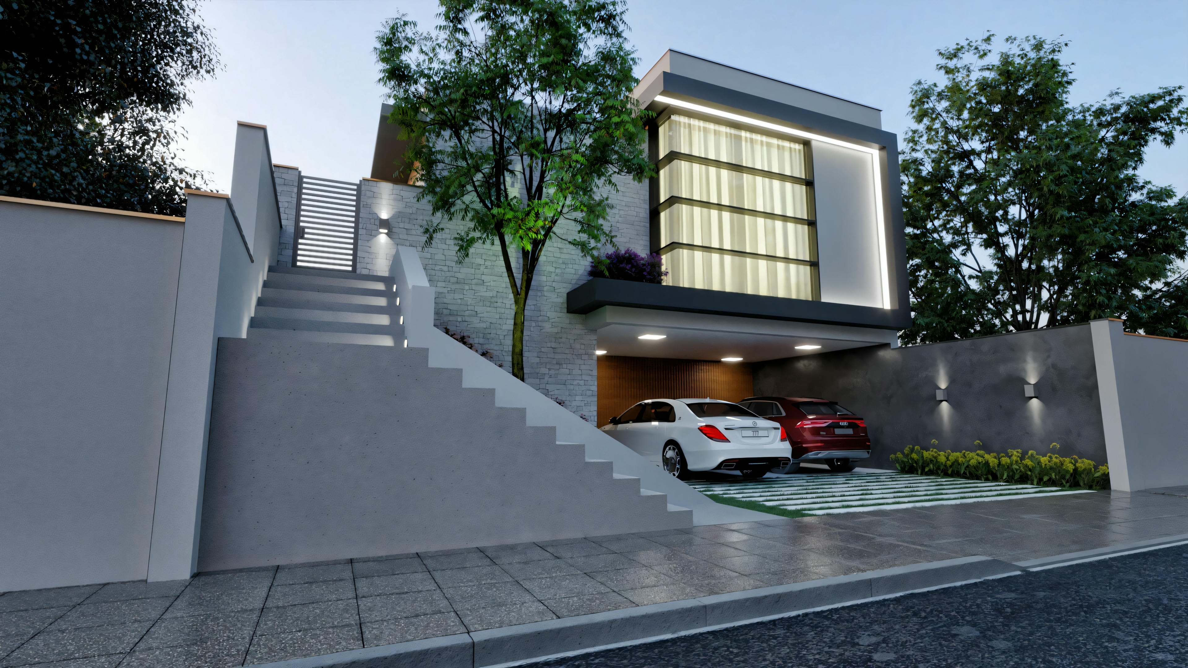 Facade of a modern house at dusk with interior lights on.