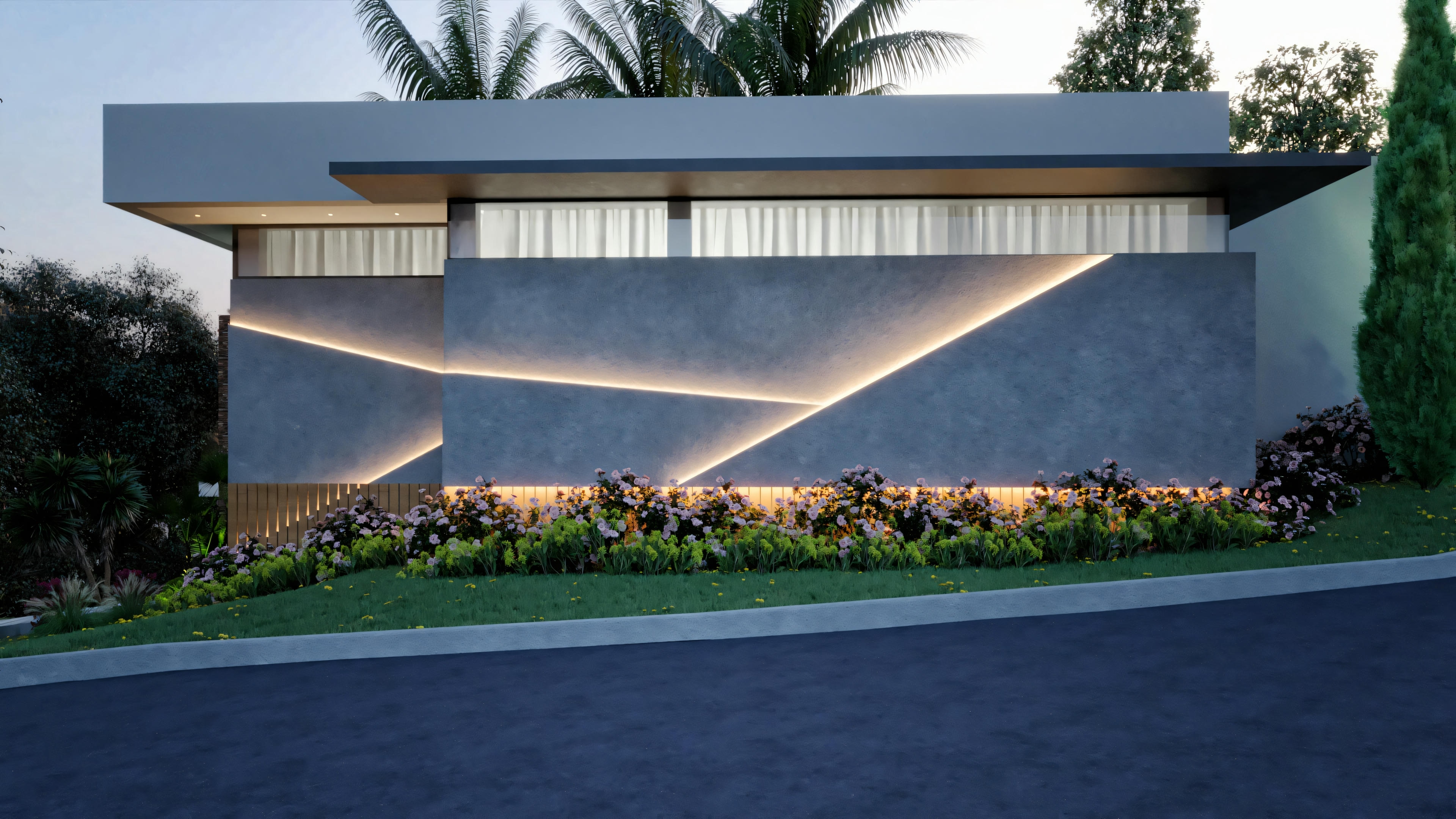 Una casa moderna con formas geométricas prominentes y grandes ventanales.