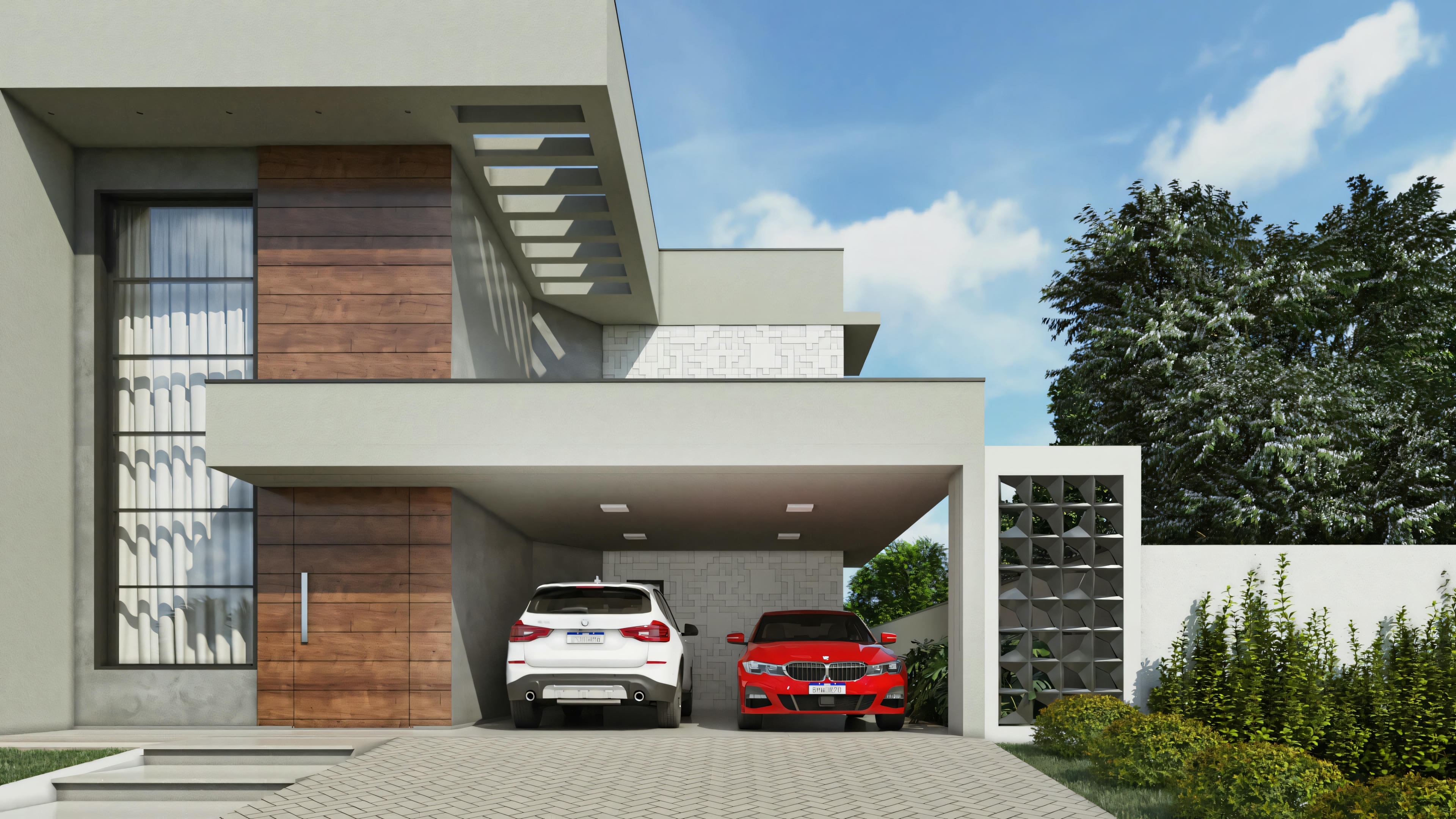 Facade of a modern house with a flat roof, balcony, large windows, and a garage with a red car.