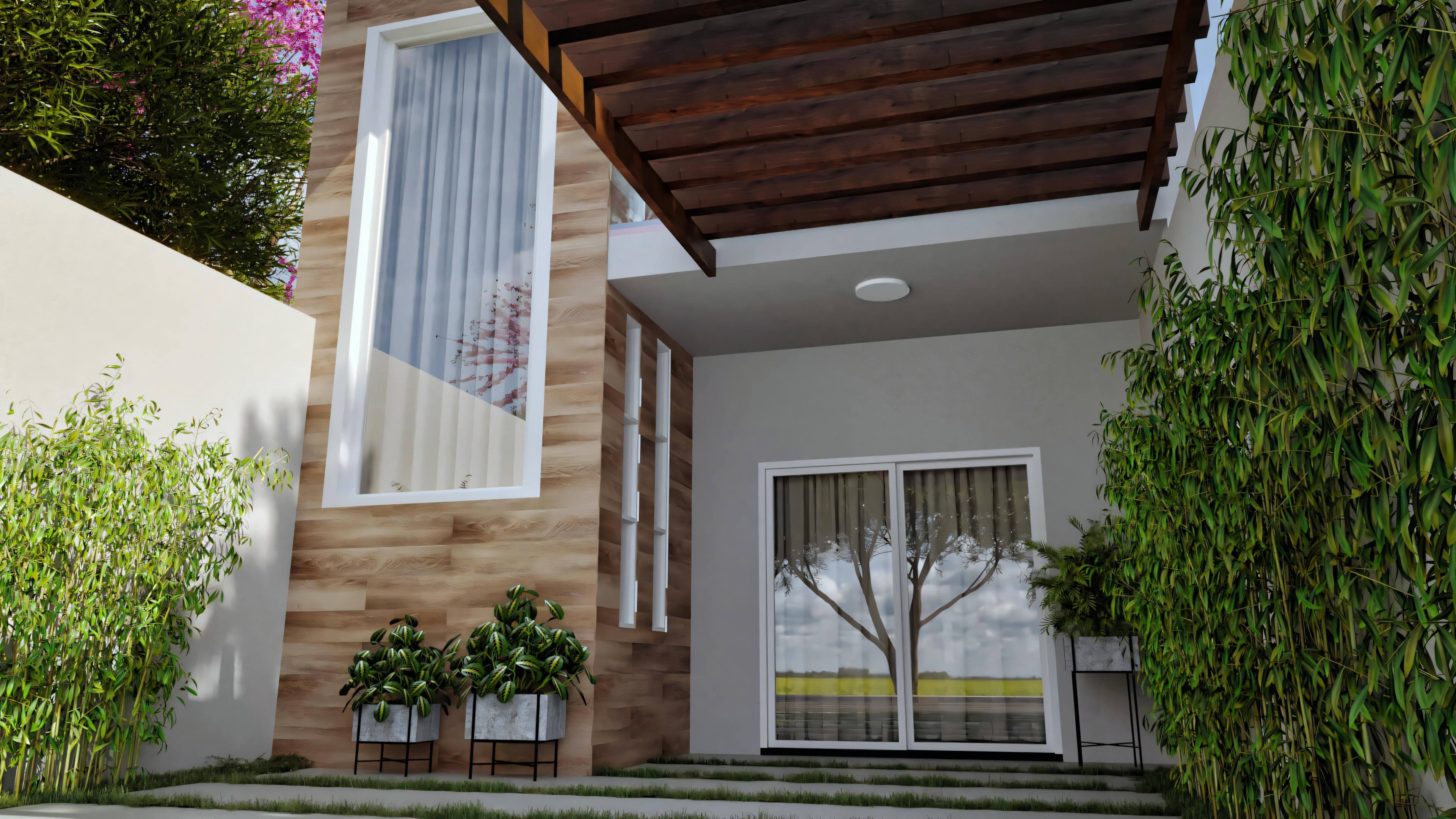 Facade of a modern house with large windows, overhanging roof, and landscaped area in front.