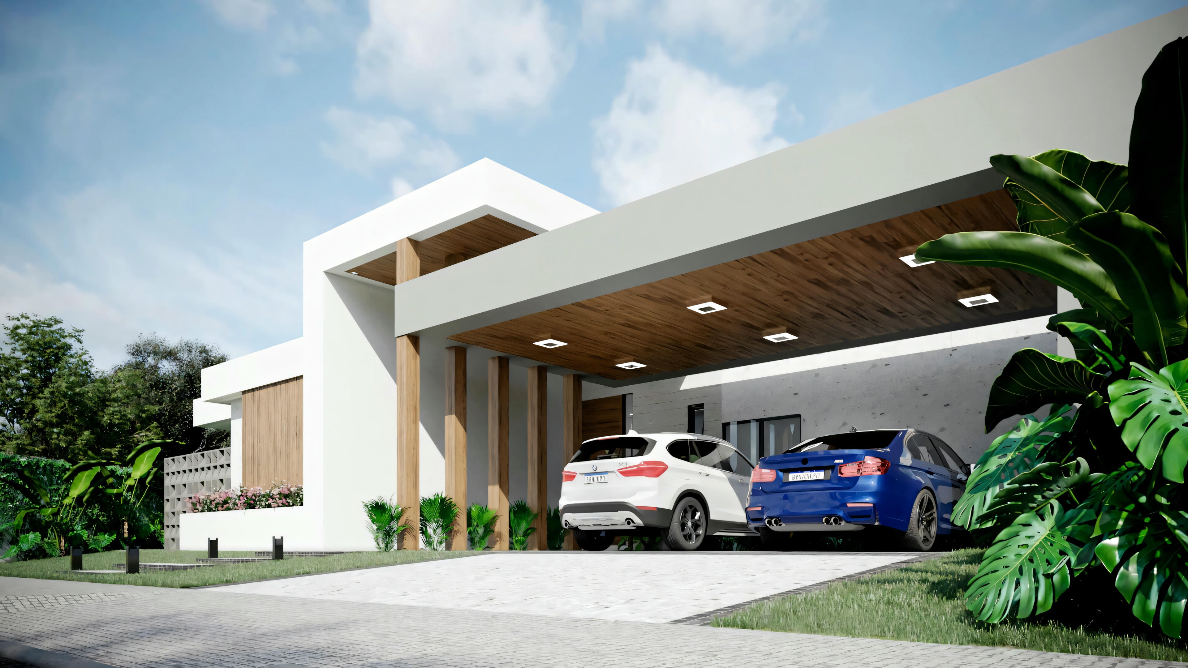 A modern house with a flat roof design, featuring a car parked in the covered entrance.