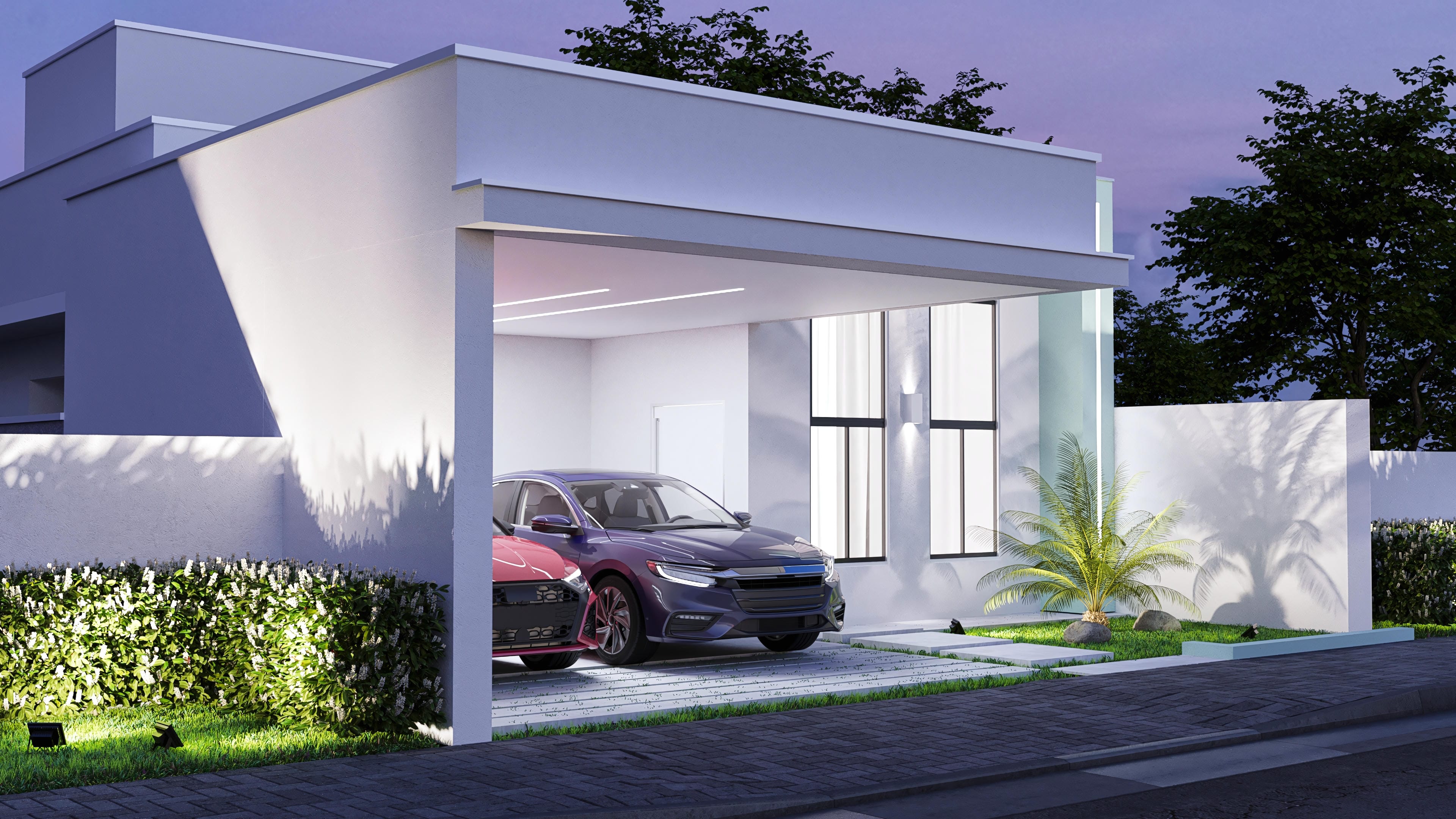 Facade of a modern single-story house with covered garage, large rectangular windows, and landscaping with a palm tree and flowering shrubs.