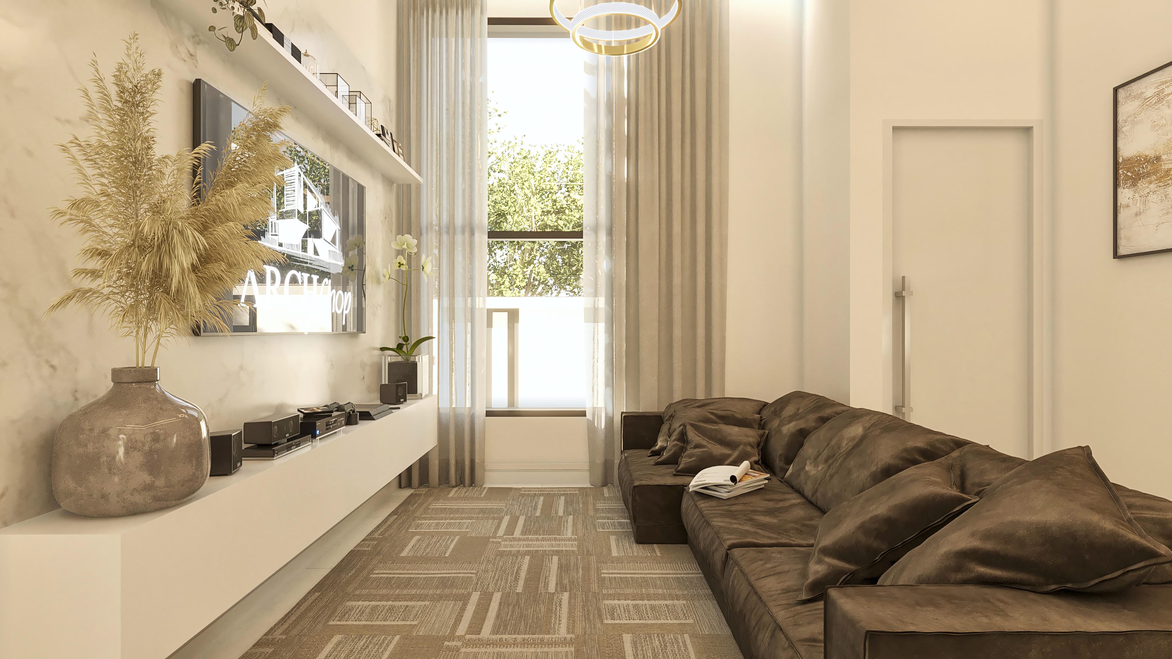 Internal environment with a comfortable brown sofa, minimalist white shelf with decorative objects and TV, floor with a geometric rug, and large windows with translucent curtains. A vase with dried foliage complements the cozy decoration.