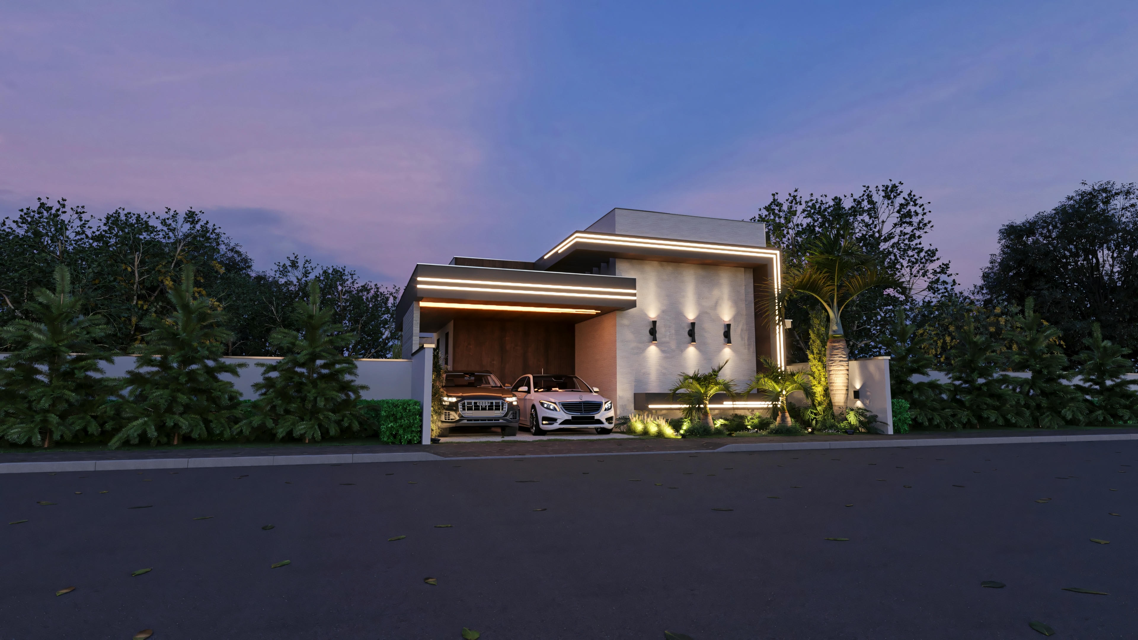 Illuminated facade of a modern single-story house with 3 bedrooms, 2 suites, and a 2-car garage. Distant night view showing the surroundings. Project of 144.98m² with a gourmet area, for a 12x20 plot.