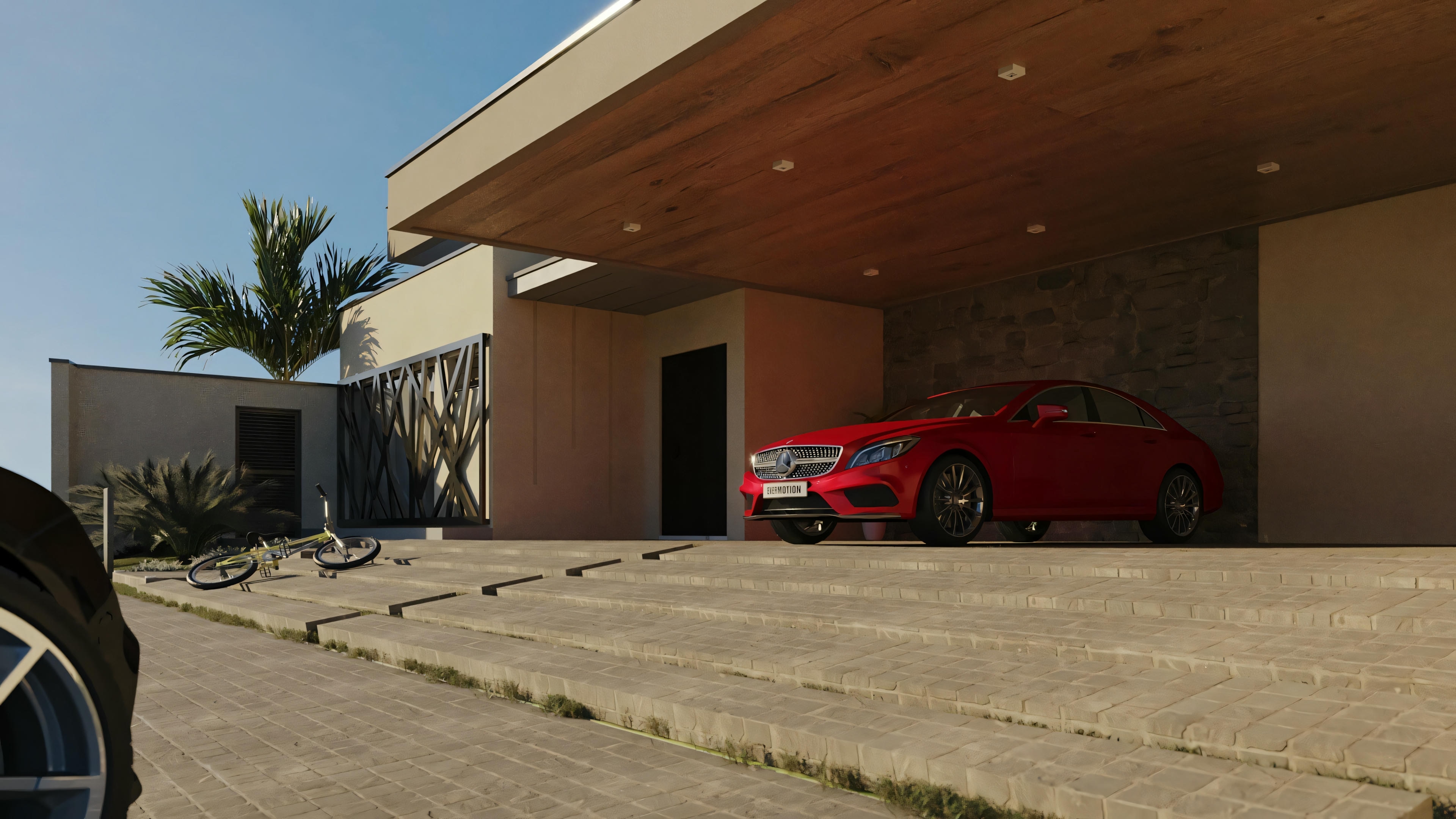 Similar scene to the previous one, showing a red car parked under the canopy of a modern house with a large eave, in a desert environment.