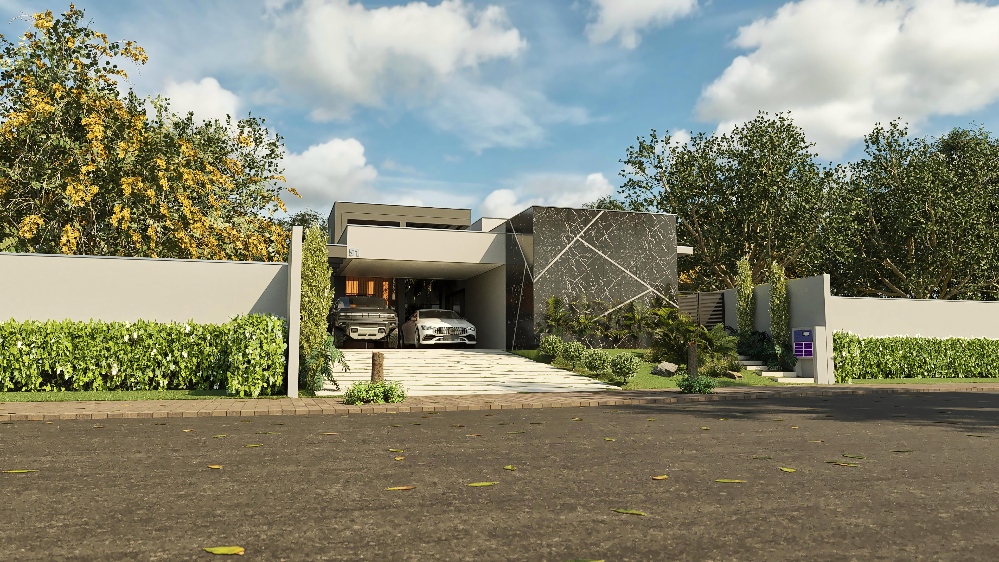 Modern facade of a single-story house with 3 suites, highlighting volumes in neutral tones and a bold dark stone cladding with white veins. The covered garage accommodates multiple vehicles, integrating with the main entrance.