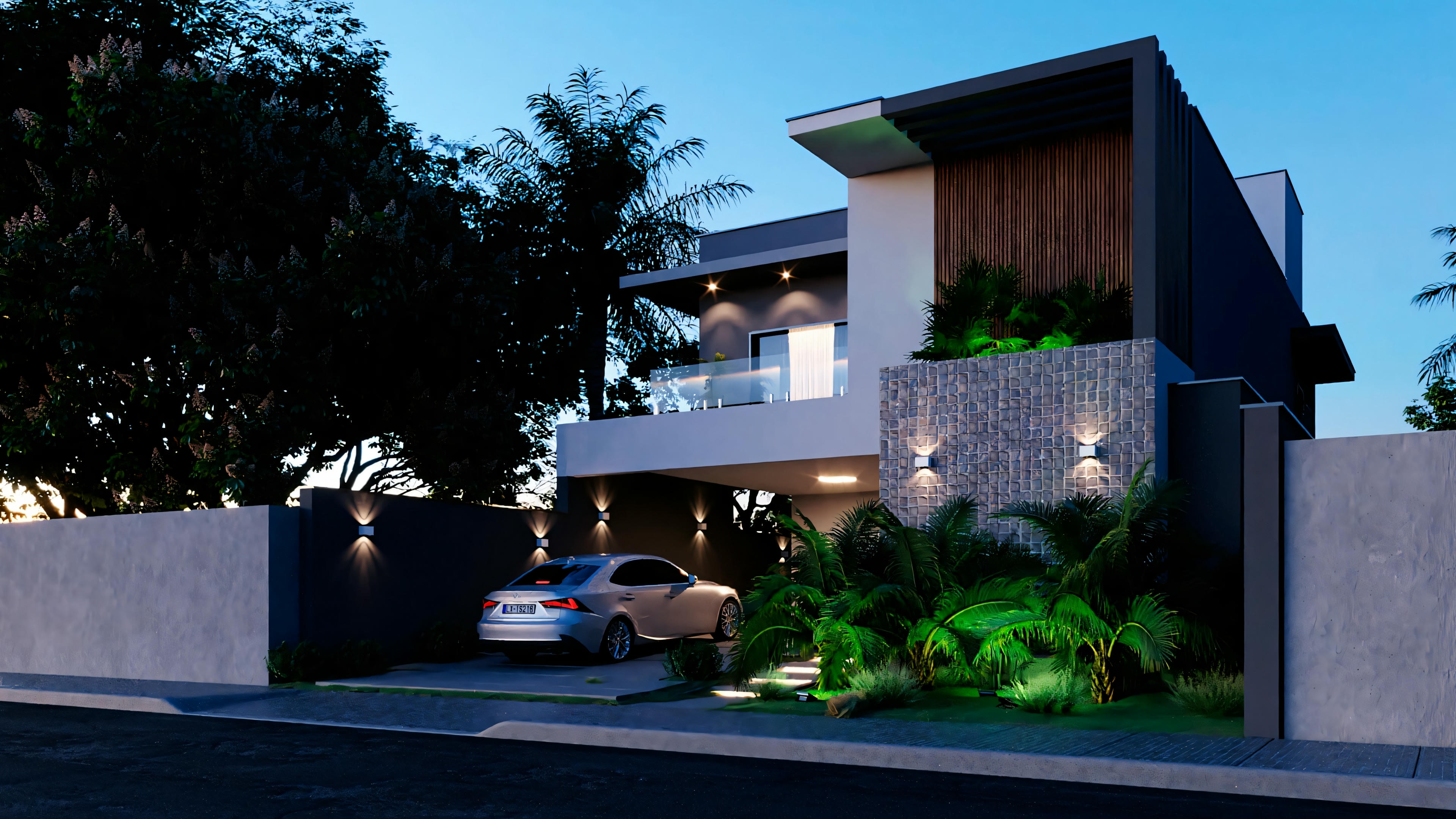A modern two-story house with a flat roof, large windows, and a combination of white walls with wooden details.
