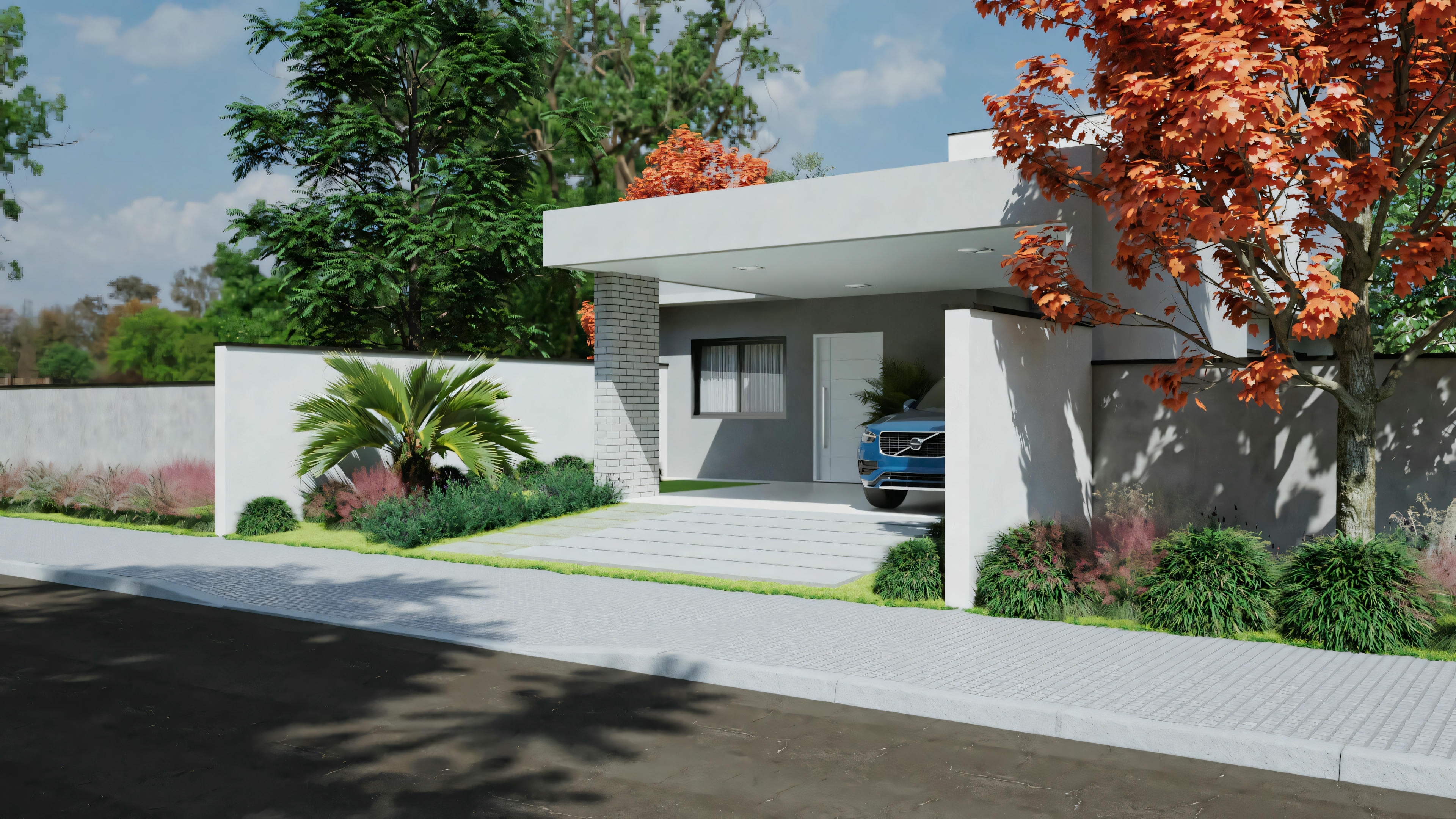 A modern house with a white car parked in an open garage, surrounded by greenery.