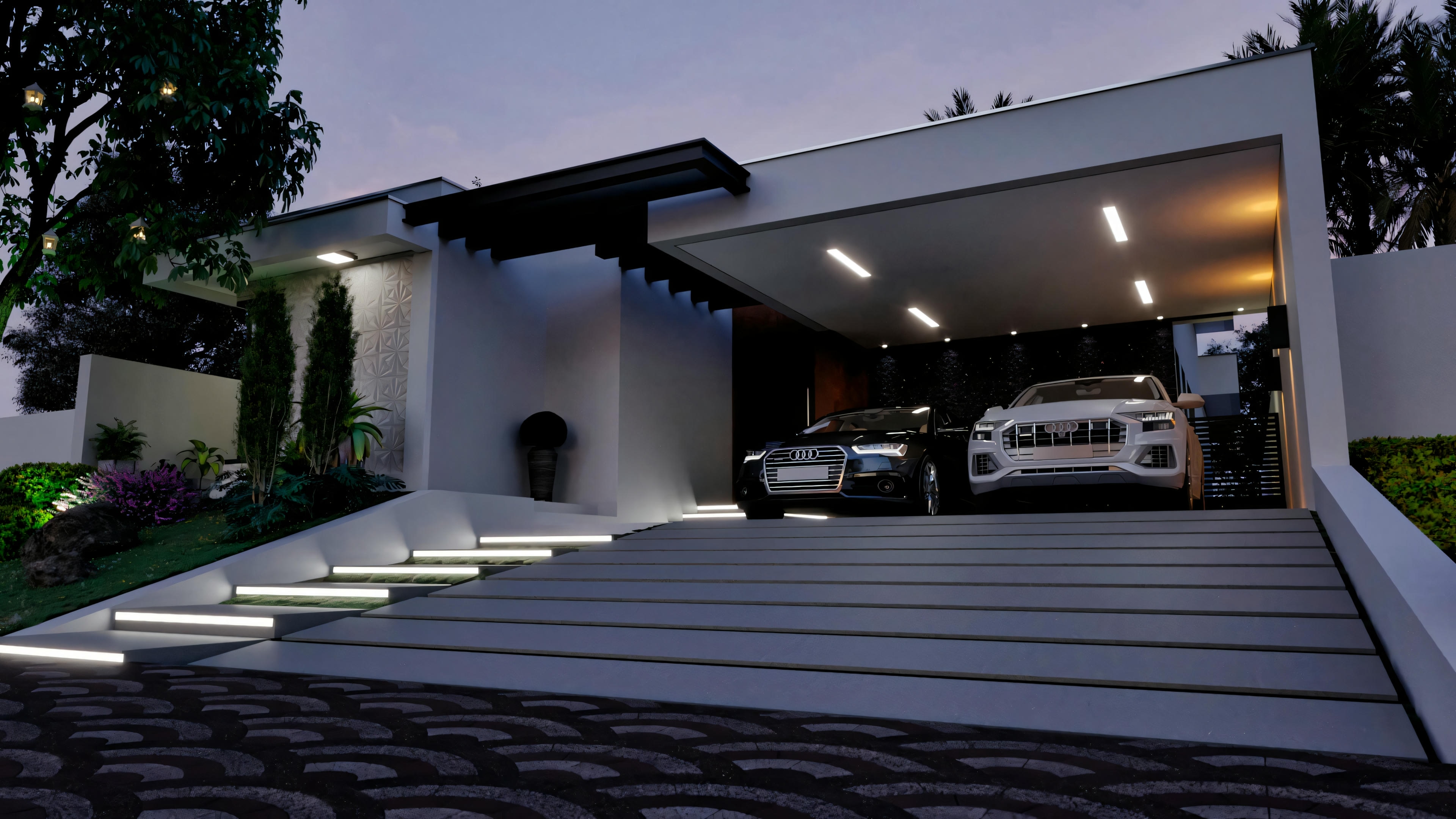 A modern house at dusk with interior lights on, highlighting a parked car under a cantilevered roof and a staircase leading to the entrance.