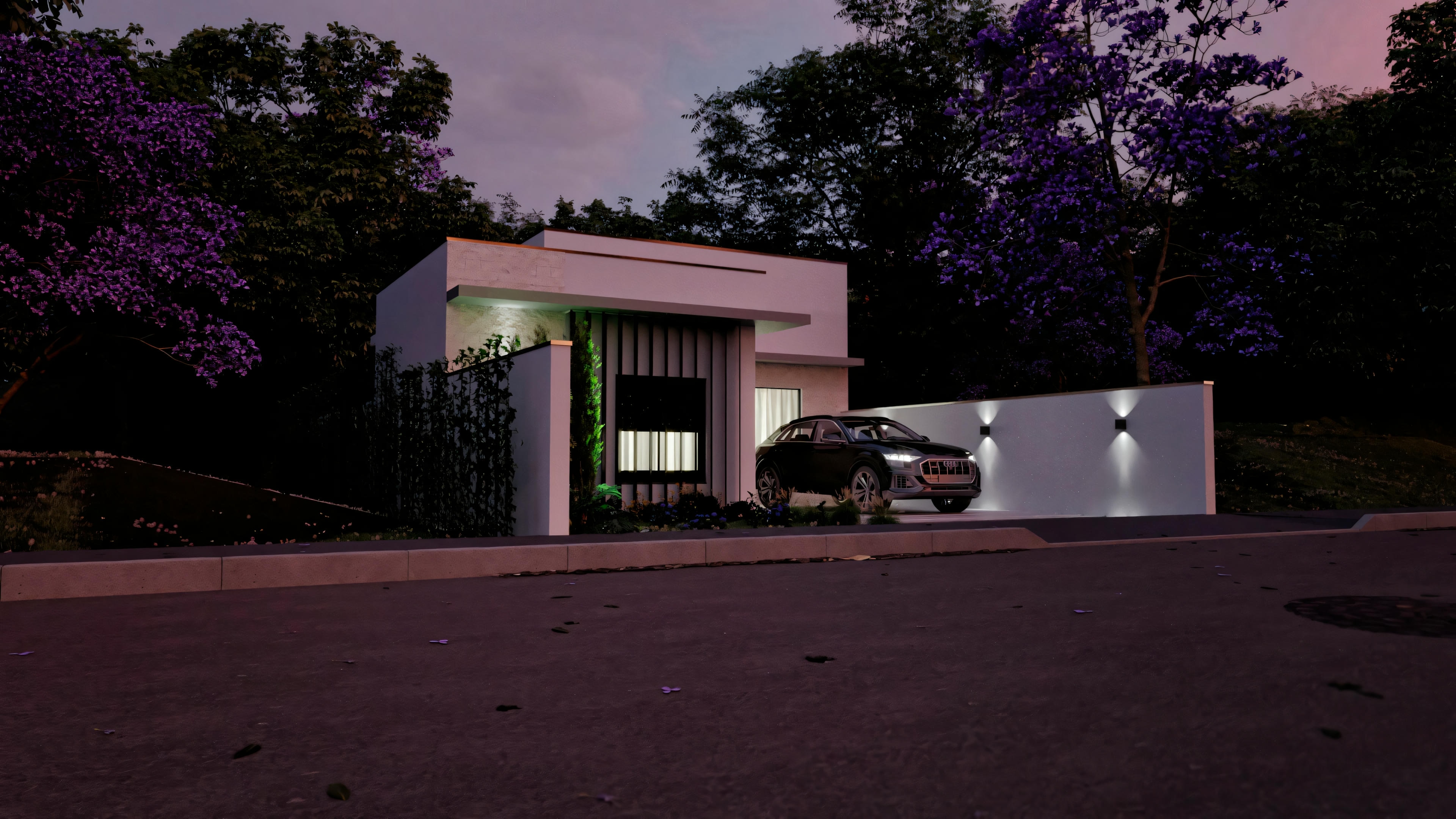 Modern house with parked car, illuminated at dusk.