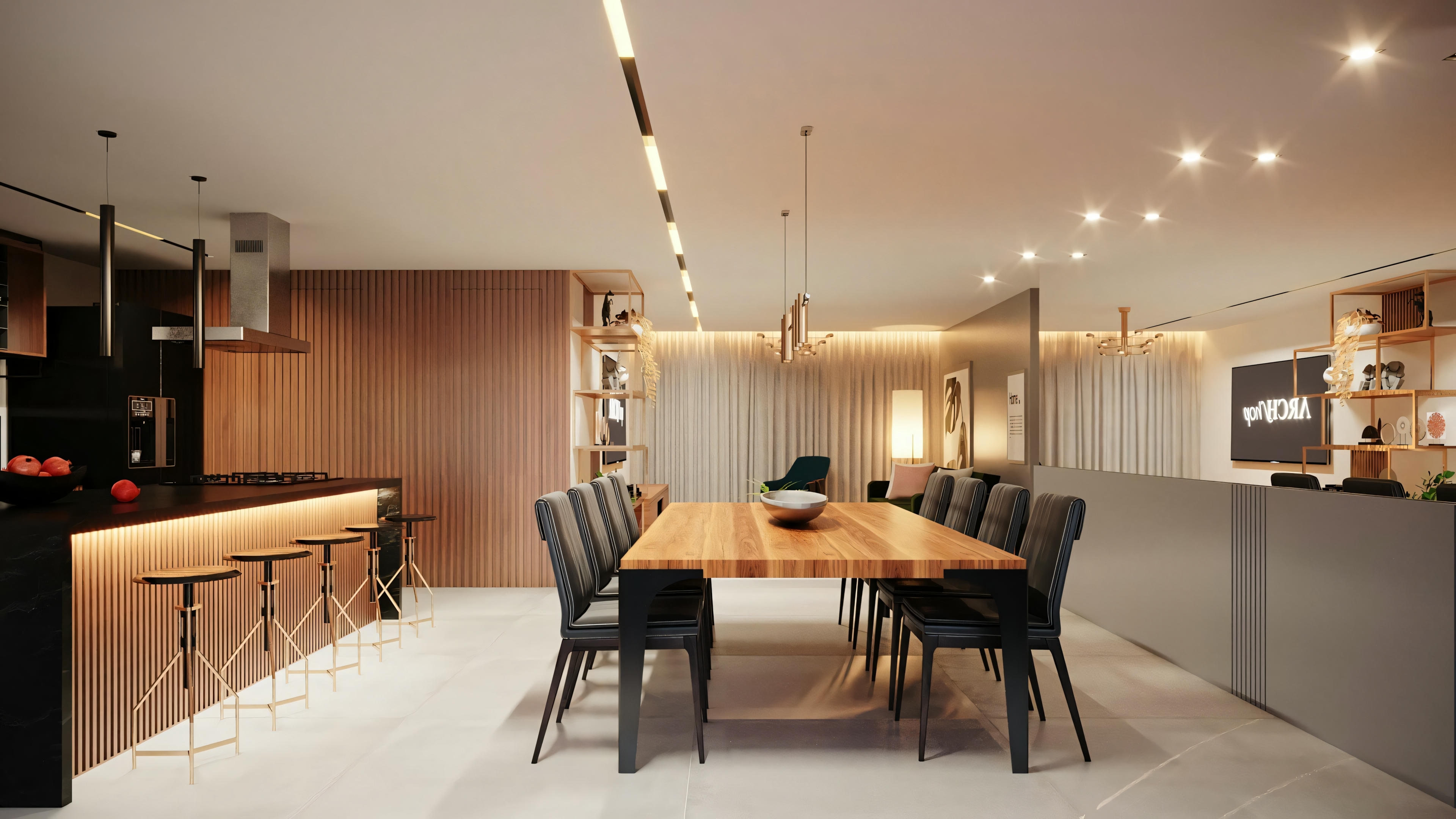View of a kitchen with a dining table for six people, elegant lighting, and a harmonious color scheme that complements the cabinets and flooring.