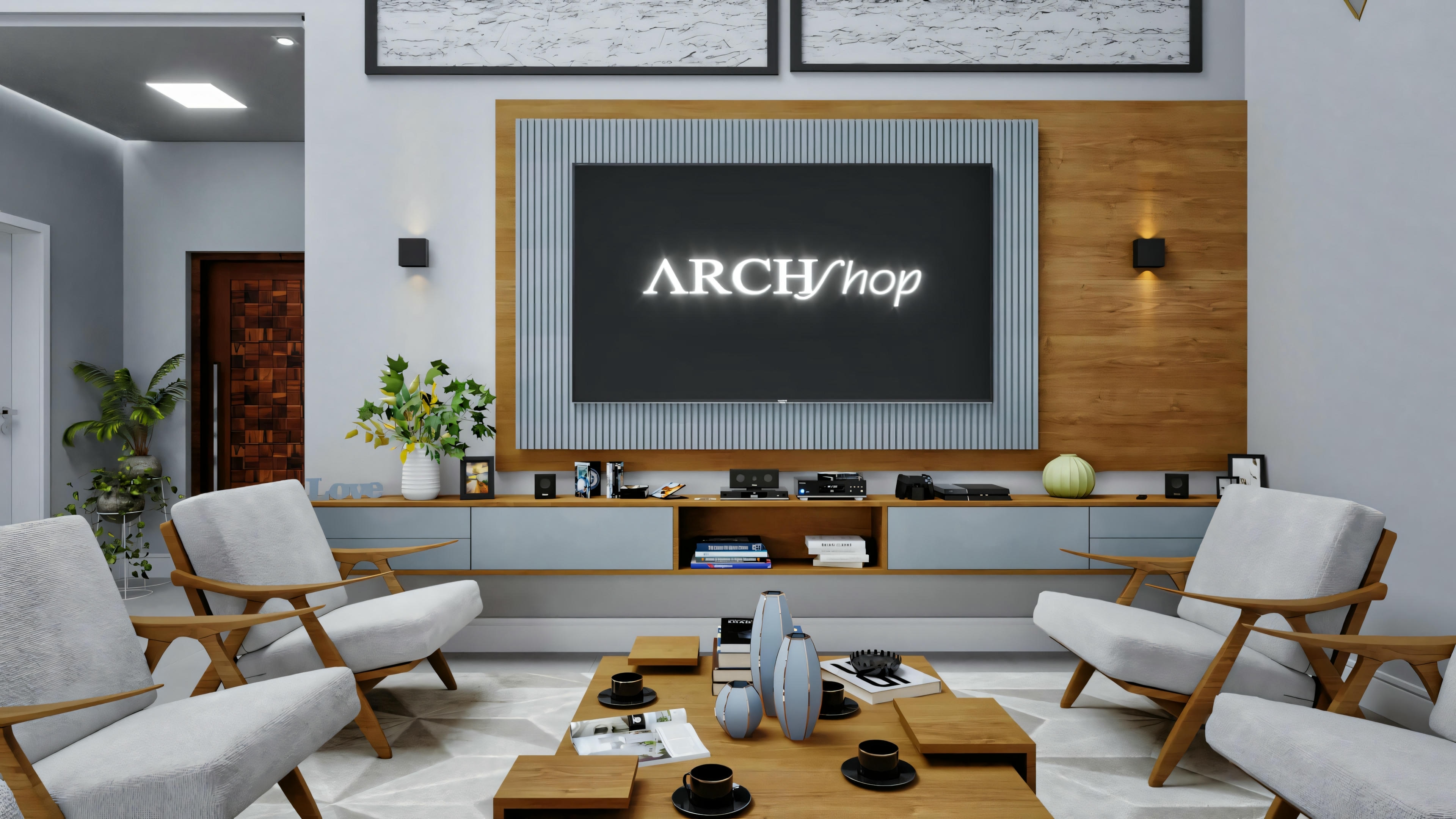 View of a modern living room with contemporary furniture, neutral color palette, plants, and artwork.